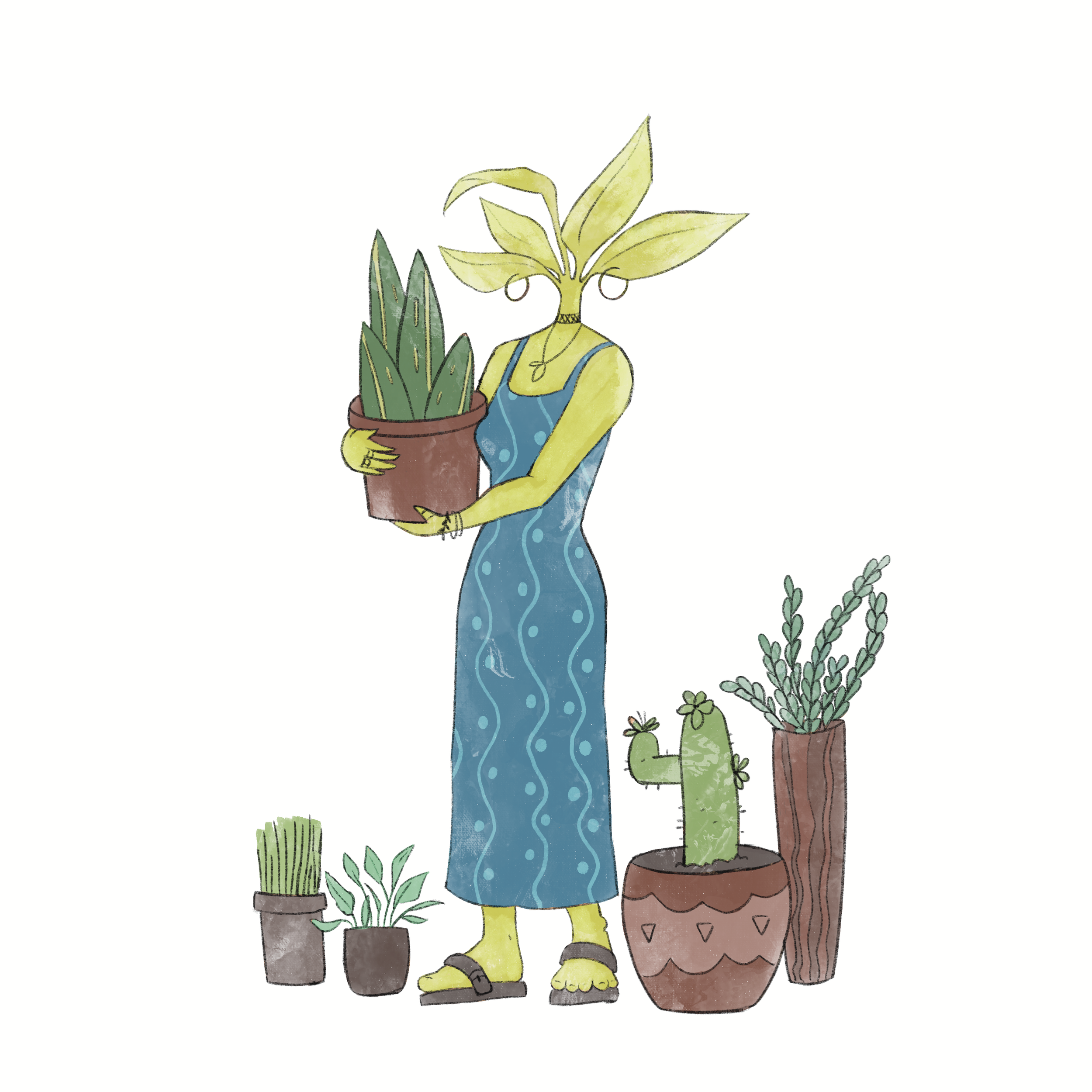 A hand-drawn illustration of a person with a leafy head, wearing a yellow shirt and blue overalls, holding a potted plant with long green leaves, surrounded by other potted plants and greenery.