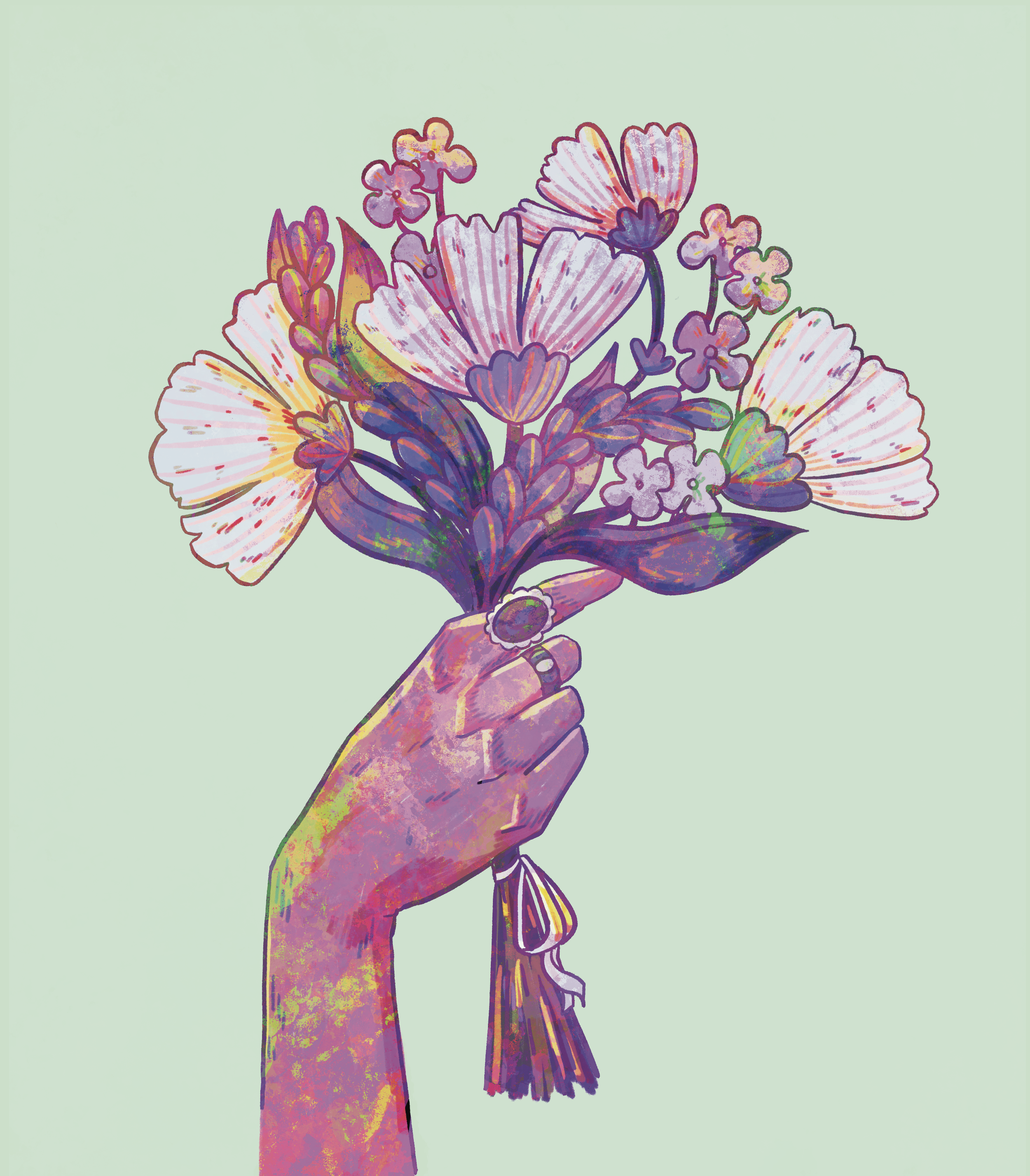 Colorful illustration of a hand holding a bouquet of various flowers against a pale green background.