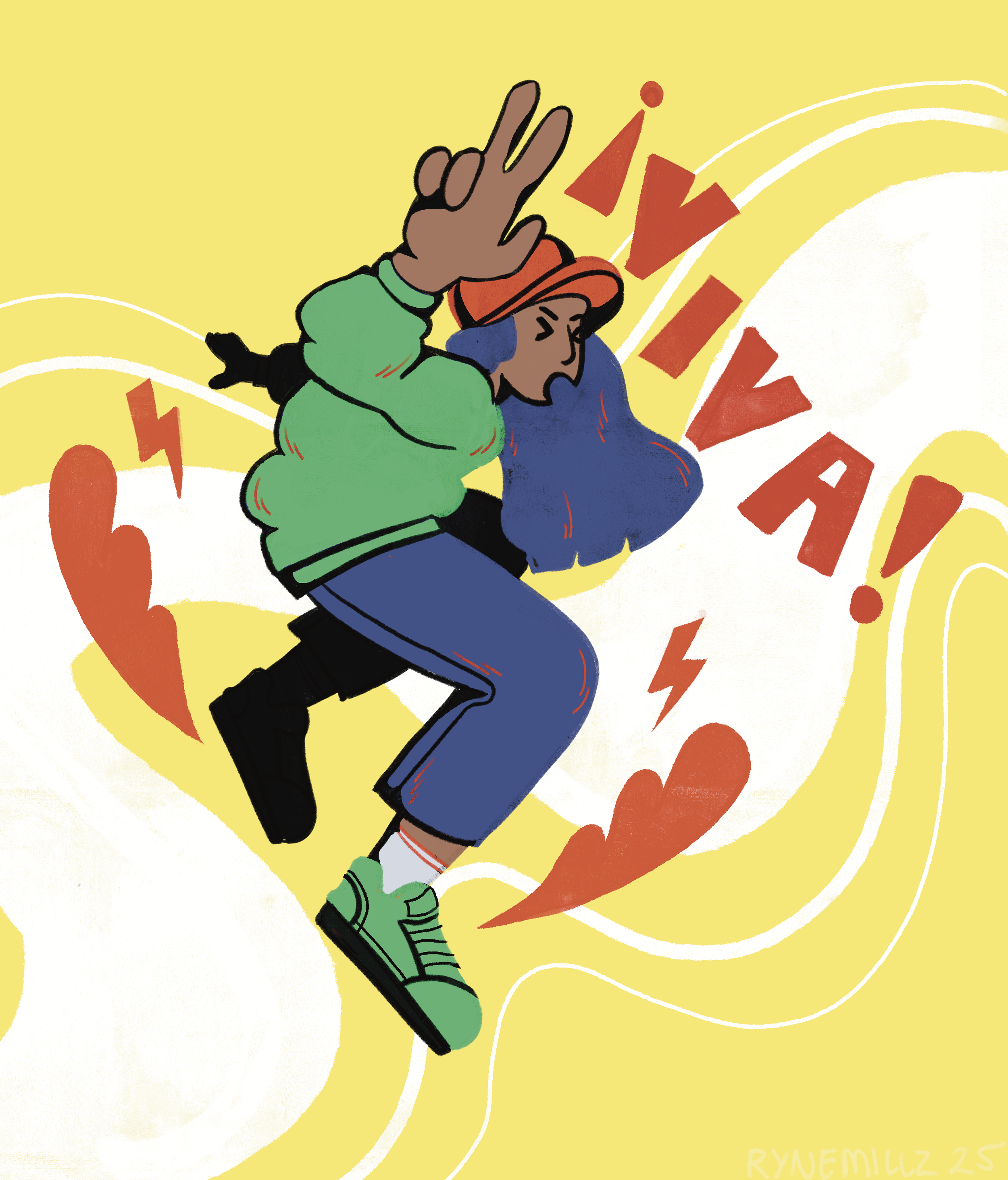 A cartoon illustration of a person with blue hair, wearing a red hat, green jacket, blue pants, and green shoes, dancing energetically against a yellow background with white and red abstract shapes and the word 'YAY' in red.