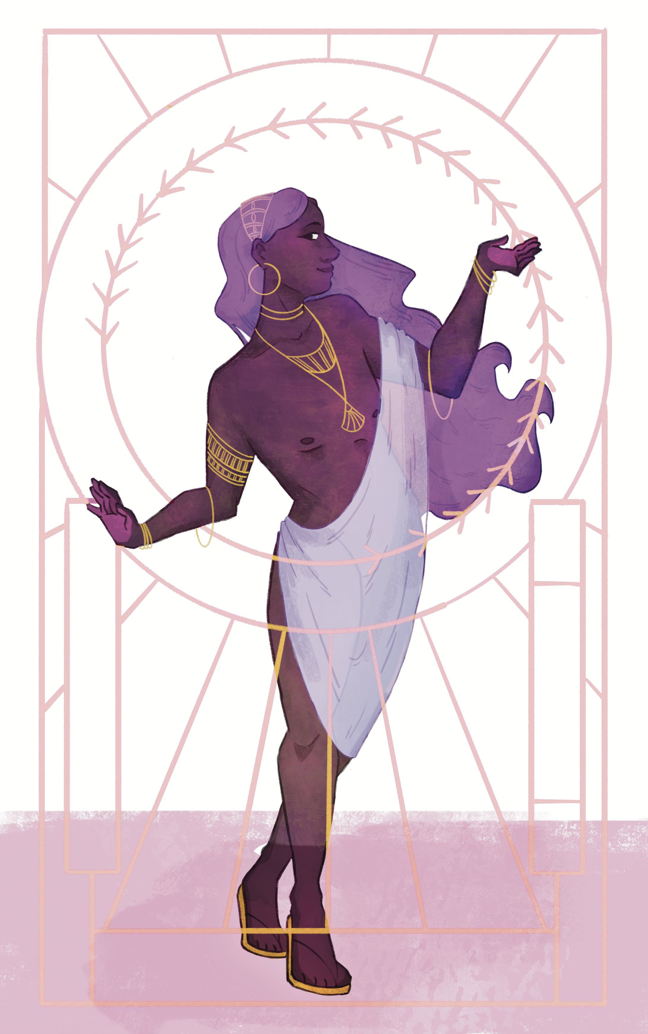 An illustration of a woman with purple skin and long purple hair, dressed in a white toga-like garment, adorned with gold jewelry, standing inside a geometric-patterned frame with pink outlines and a pink background.