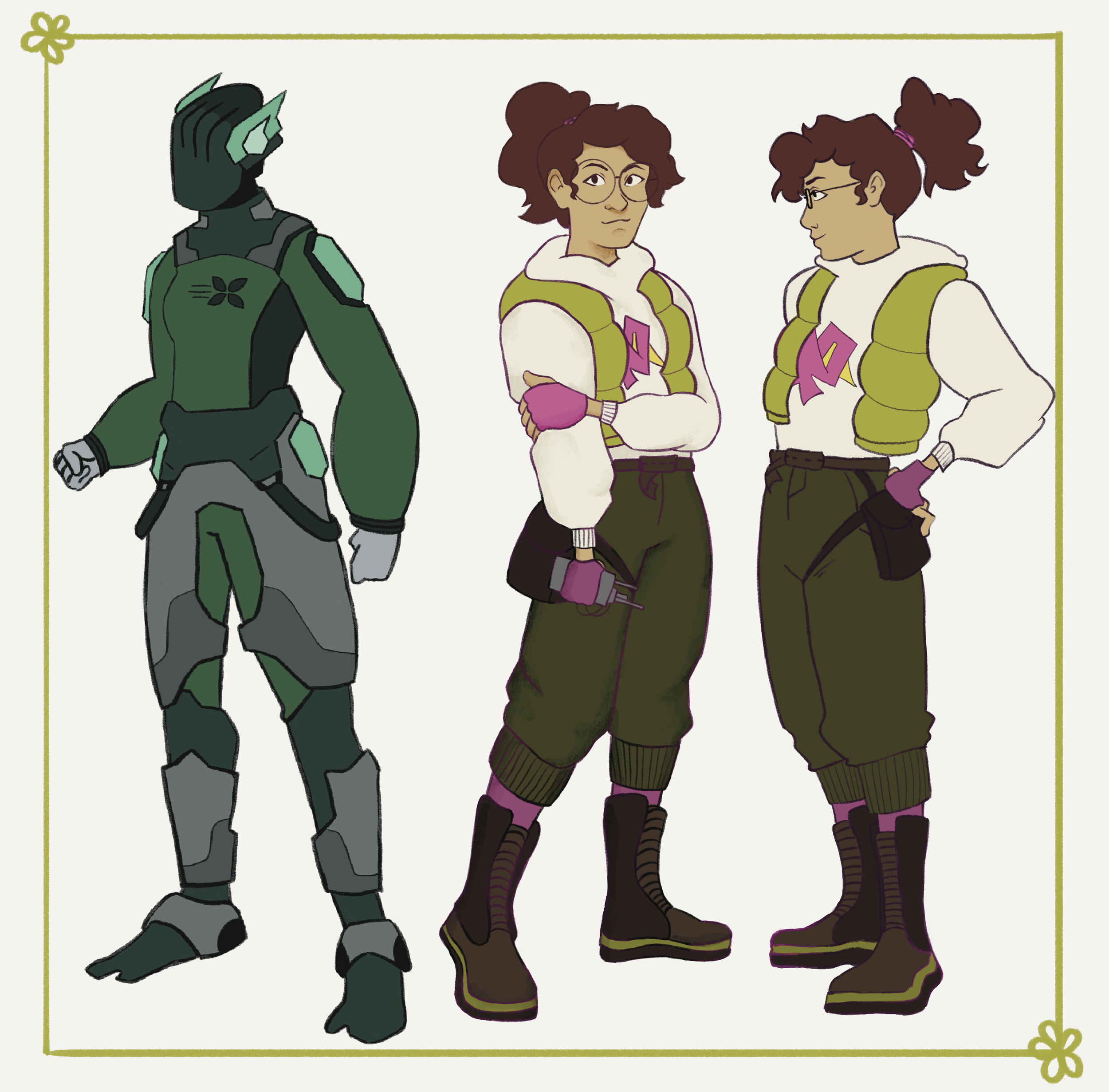 Three animated female characters, one in futuristic green armor and two in military-style uniforms with purple accents, standing against a white background with a light green border.