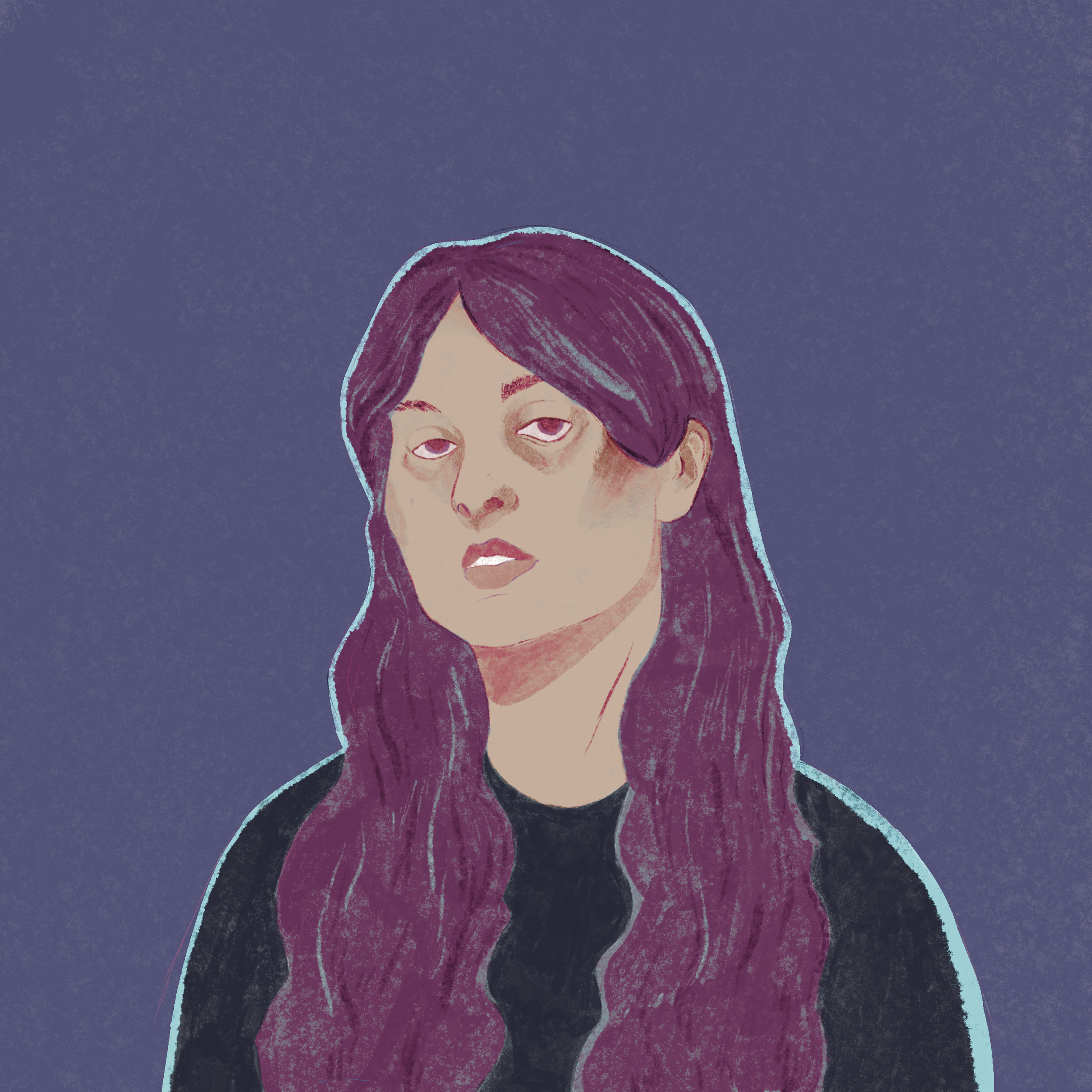 Digital illustration of a woman with long wavy purple hair, wearing a black top, with a neutral expression against a textured dark blue background.