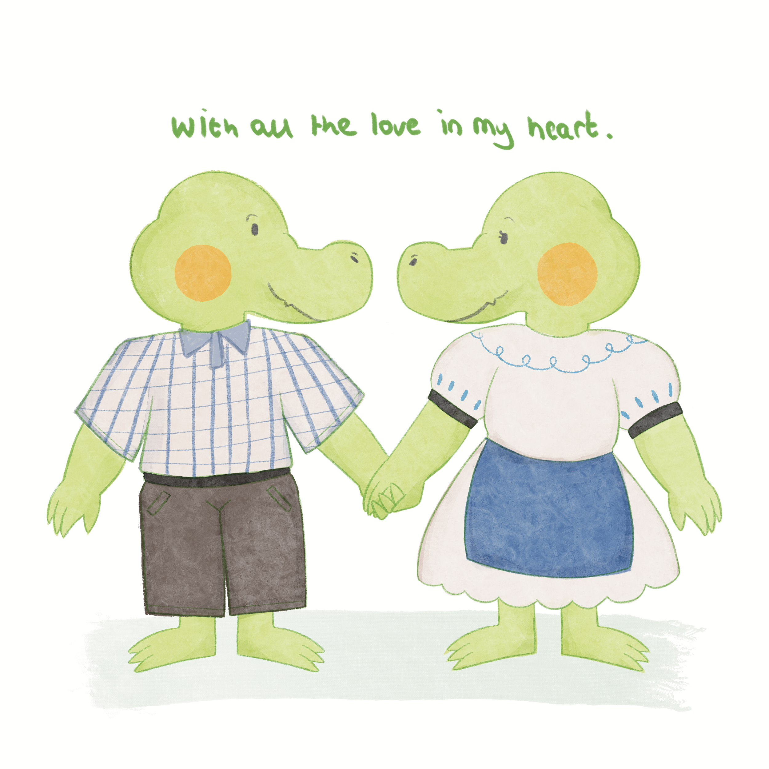 Two cartoon dinosaurs holding hands, with the text 'With all the love in my heart' above them.