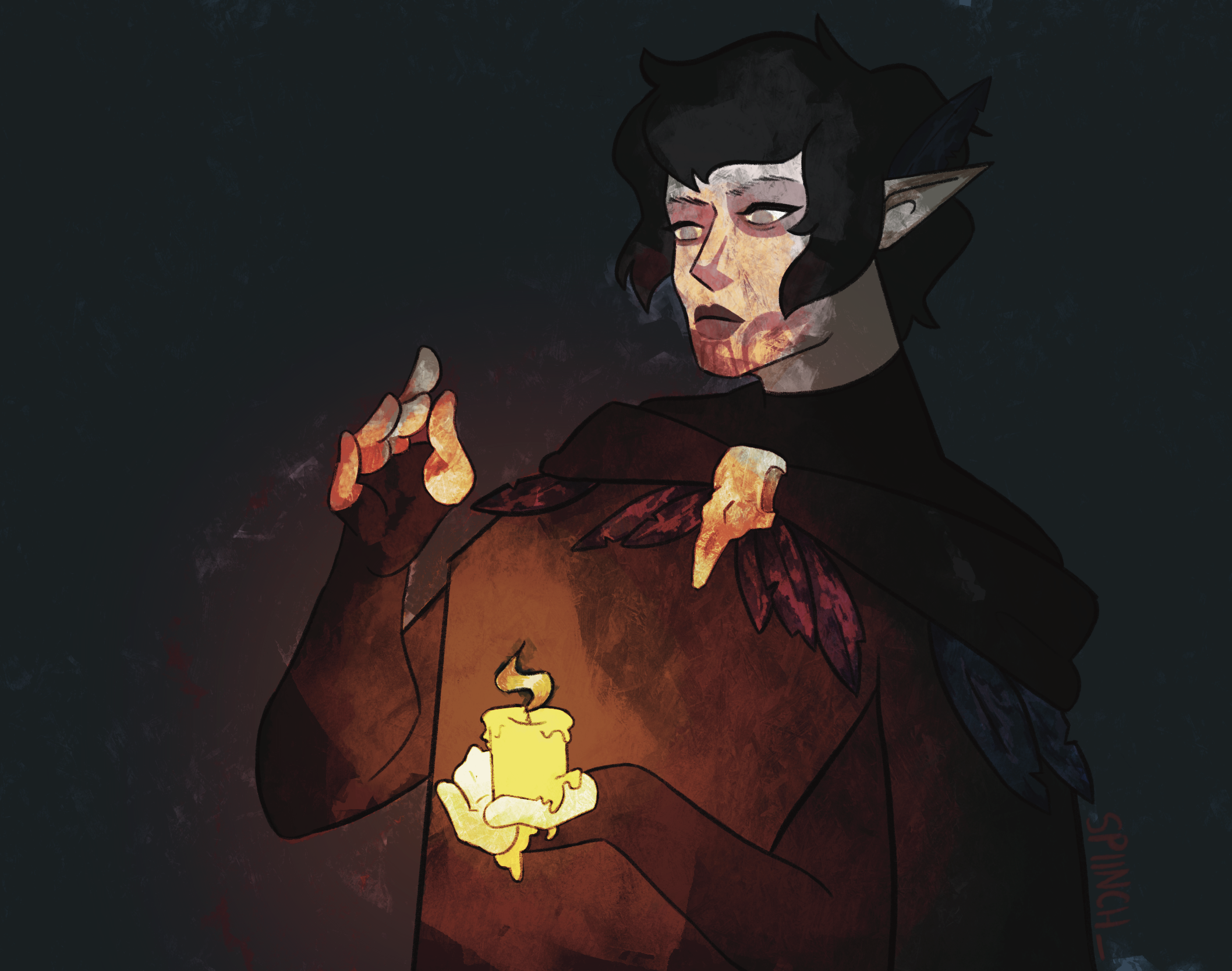 An animated character with dark hair, pointed elf ears, and pale skin, holding a lit candle and casting a spell in a dark environment.