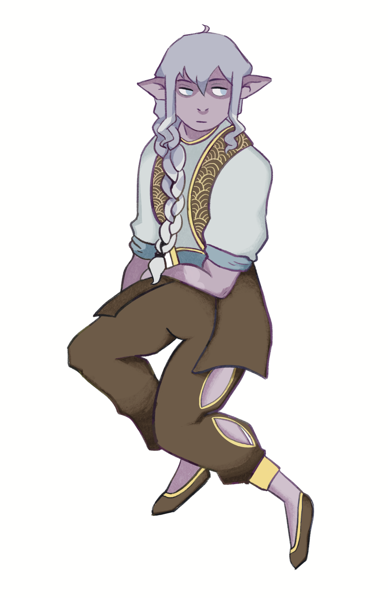 An anime-style character with lavender skin, long white hair with purple highlights, pointed elf-like ears, wearing a cream-colored shirt with embroidered gold and black accents, brown pants with cut-out designs, and brown shoes with gold accents.