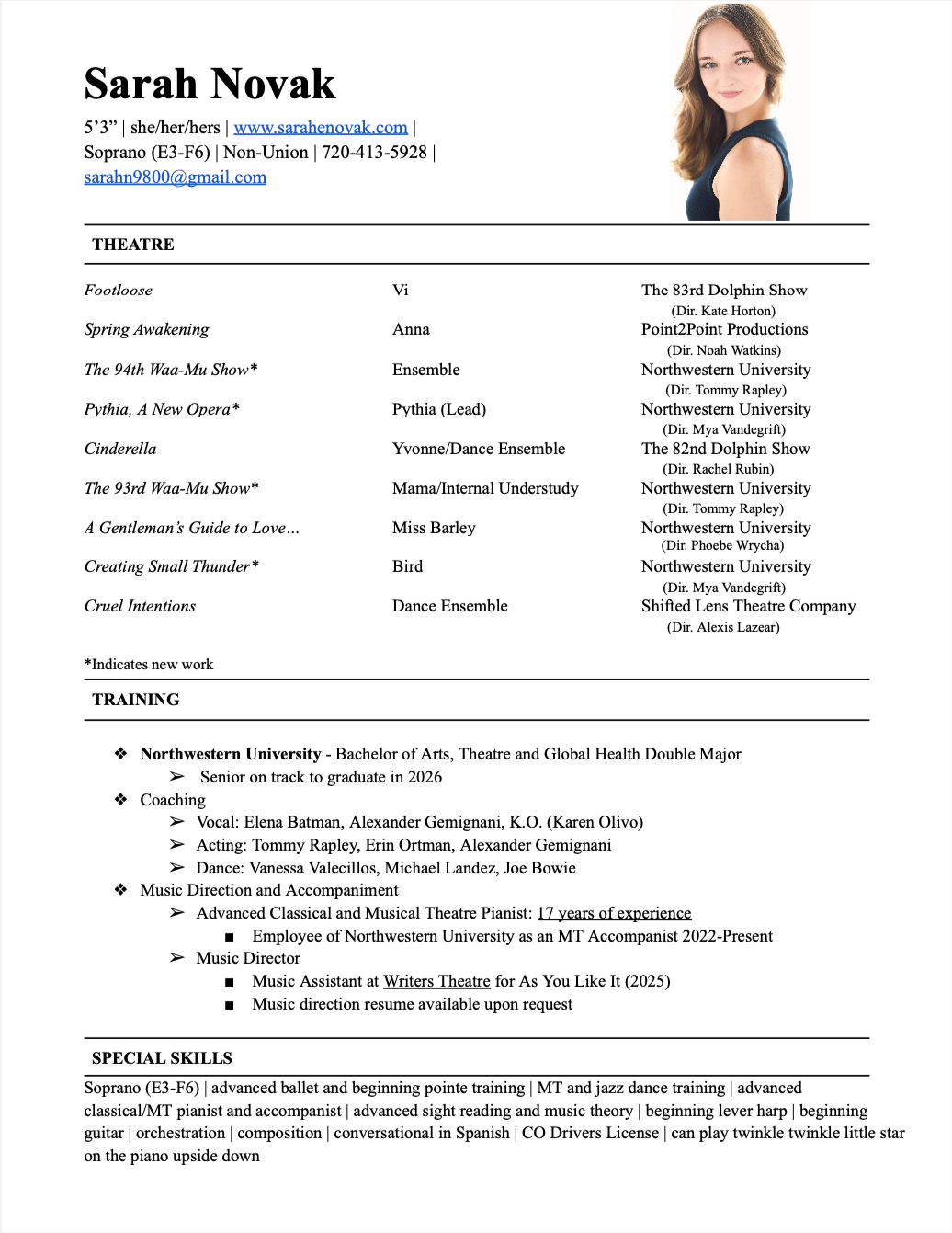 A professional resume for Sarah Novak, a soprano singer, featuring her contact information, a photo, and details of her theatre performances, training, skills, and contact details.
