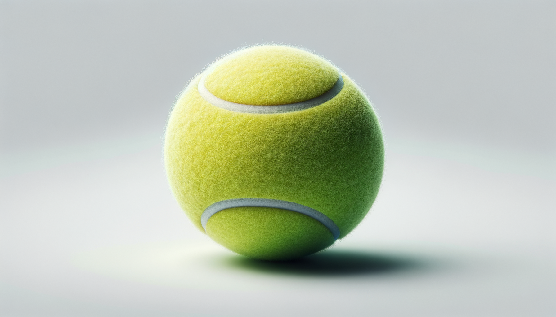 A close-up of a yellow-green tennis ball on a plain light-colored background.