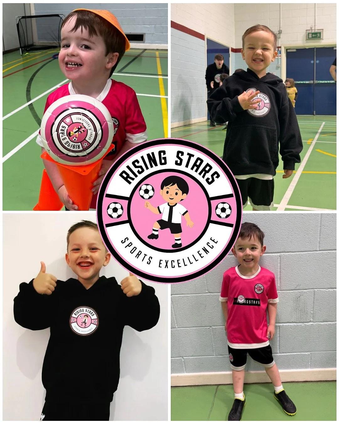Collage of four children at a sports facility, wearing Rising Stars sports gear, with a central Rising Stars logo featuring a cartoon boy with a soccer ball and the text "Rising Stars Sports Excellence."