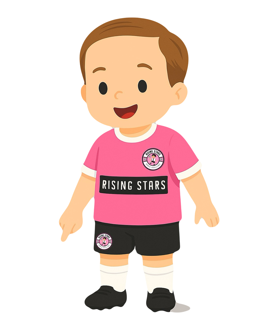 Cartoon of a young boy wearing a pink soccer jersey with "RISING STARS" written on it, black shorts, white socks, and black shoes, smiling.