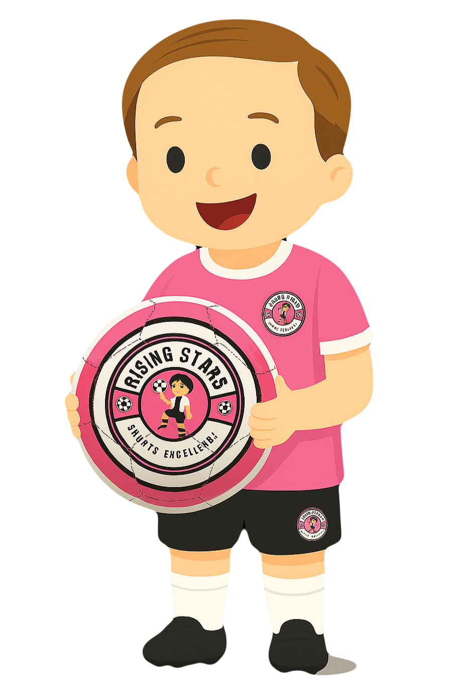 A cartoon boy wearing a pink soccer jersey and shorts, holding a pink soccer ball with the logo of Rising Stars and smiling. The boy has light skin and brown hair.