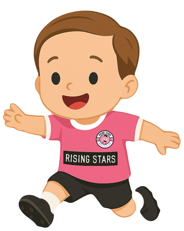 Cartoon of a smiling young boy with brown hair, wearing a pink sports shirt with 'RISING STARS' logo, black shorts, and black shoes, jumping with arms outstretched.