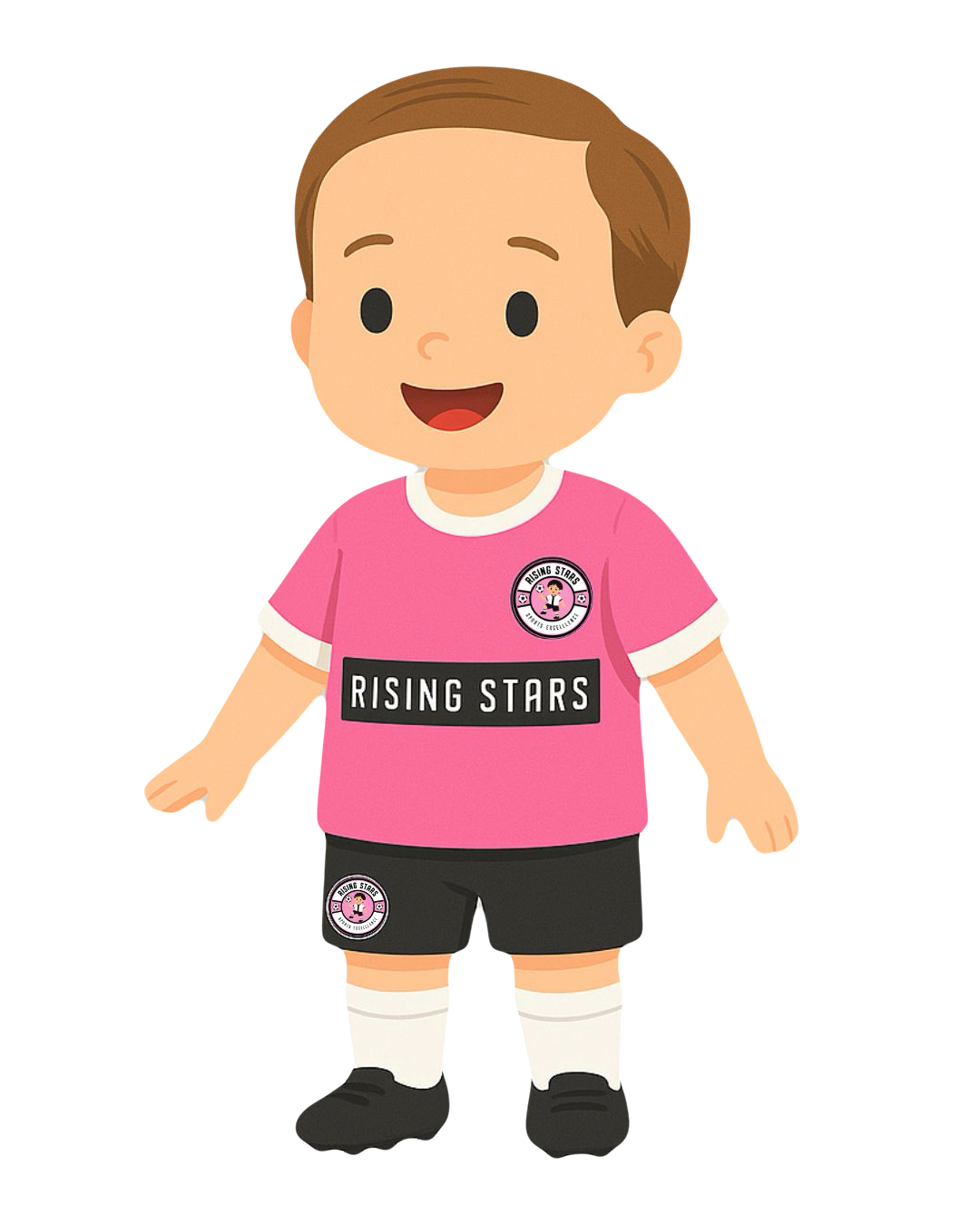 Cartoon young boy wearing a pink sports jersey with 'Rising Stars' logo and black shorts with matching logo, white socks, and black shoes, smiling.