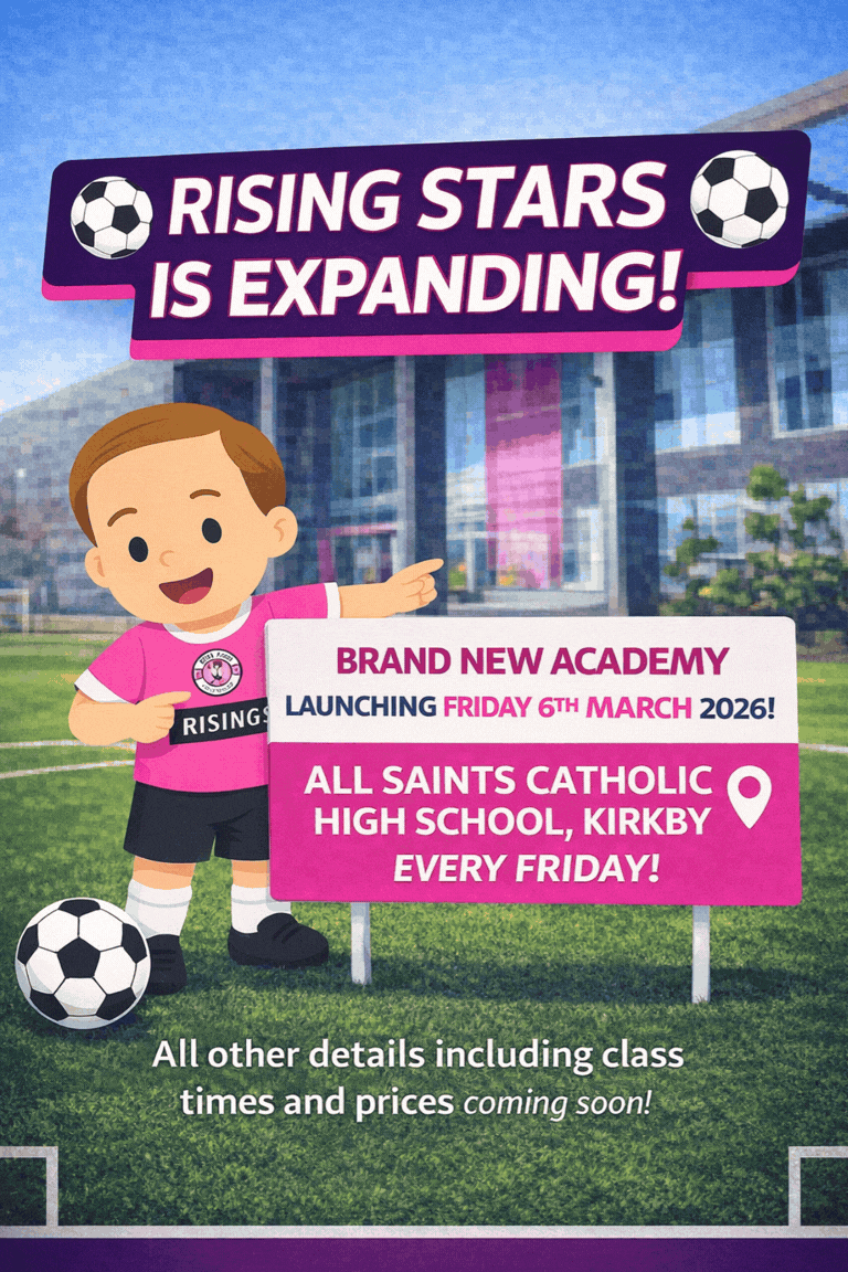 A promotional poster for a rising stars soccer academy at All Saints Catholic High School in Kirkby. The poster features a cartoon child in a pink soccer uniform pointing at the text, with a soccer ball on the ground, and a building in the background. It announces the launch date as Friday, March 6th, 2026, with details coming soon.