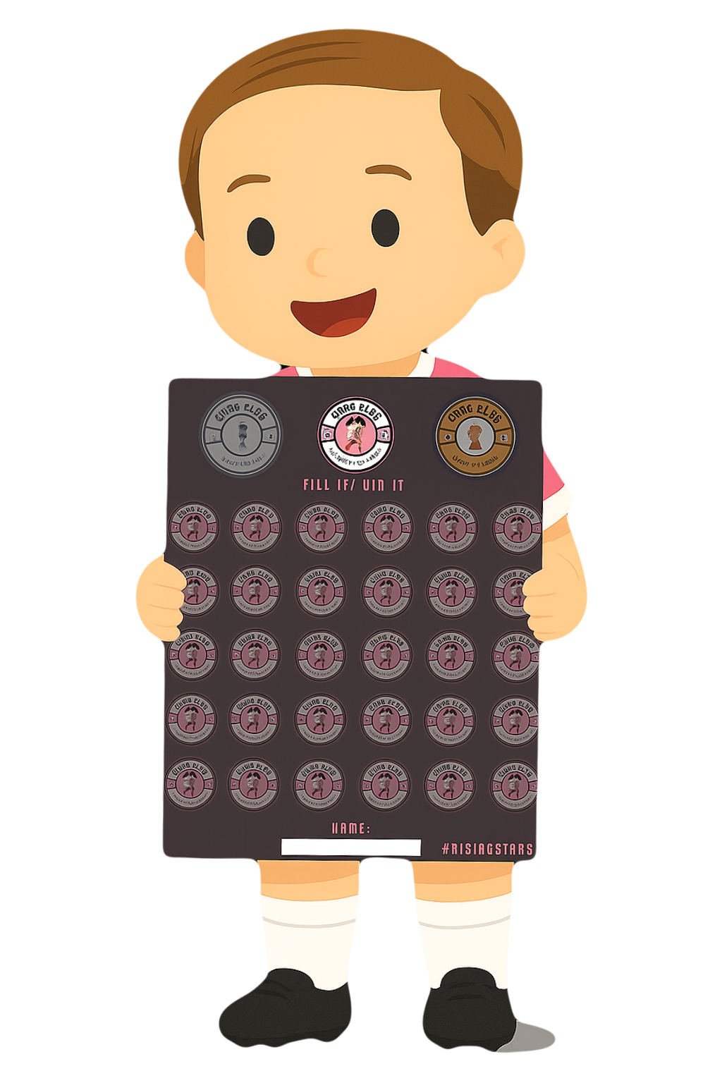 Cartoon boy smiling, holding a sheet of collectible stickers with pink and brown circular designs, wearing a pink and white sports uniform with white socks and black shoes.