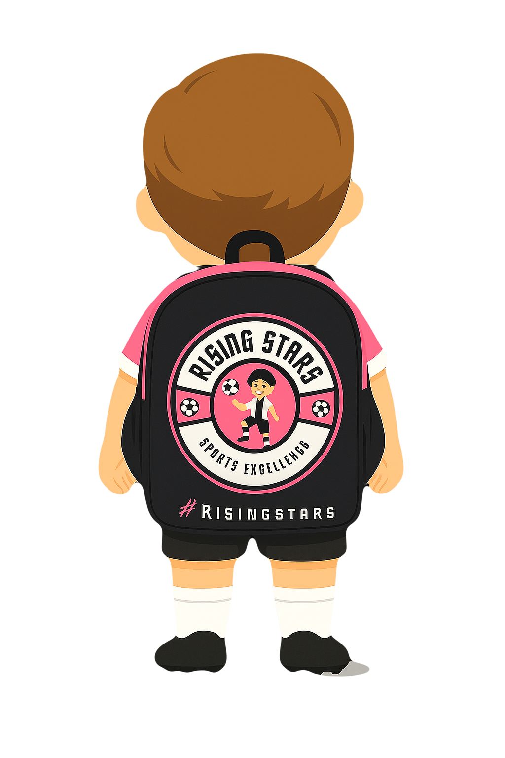 Cartoon child wearing sports uniform with a pink and black backpack featuring the logo 'Rising Stars Sports Exellence' and a character kicking a soccer ball.