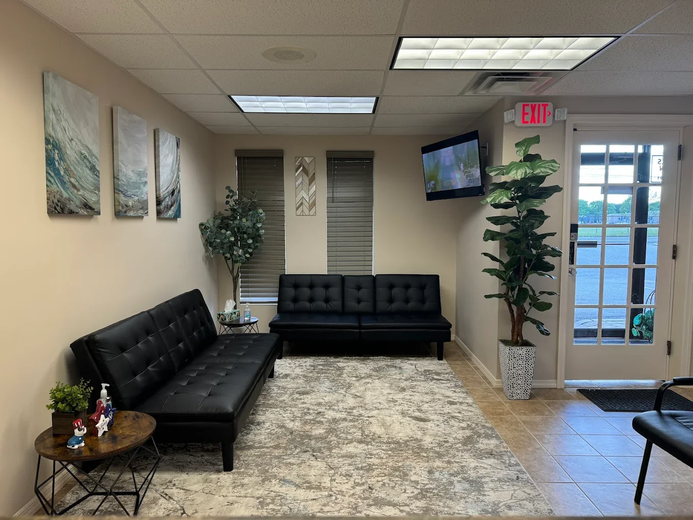 Reception area with black couches, potted plants, wall art, a wall-mounted TV, and a glass door exit.