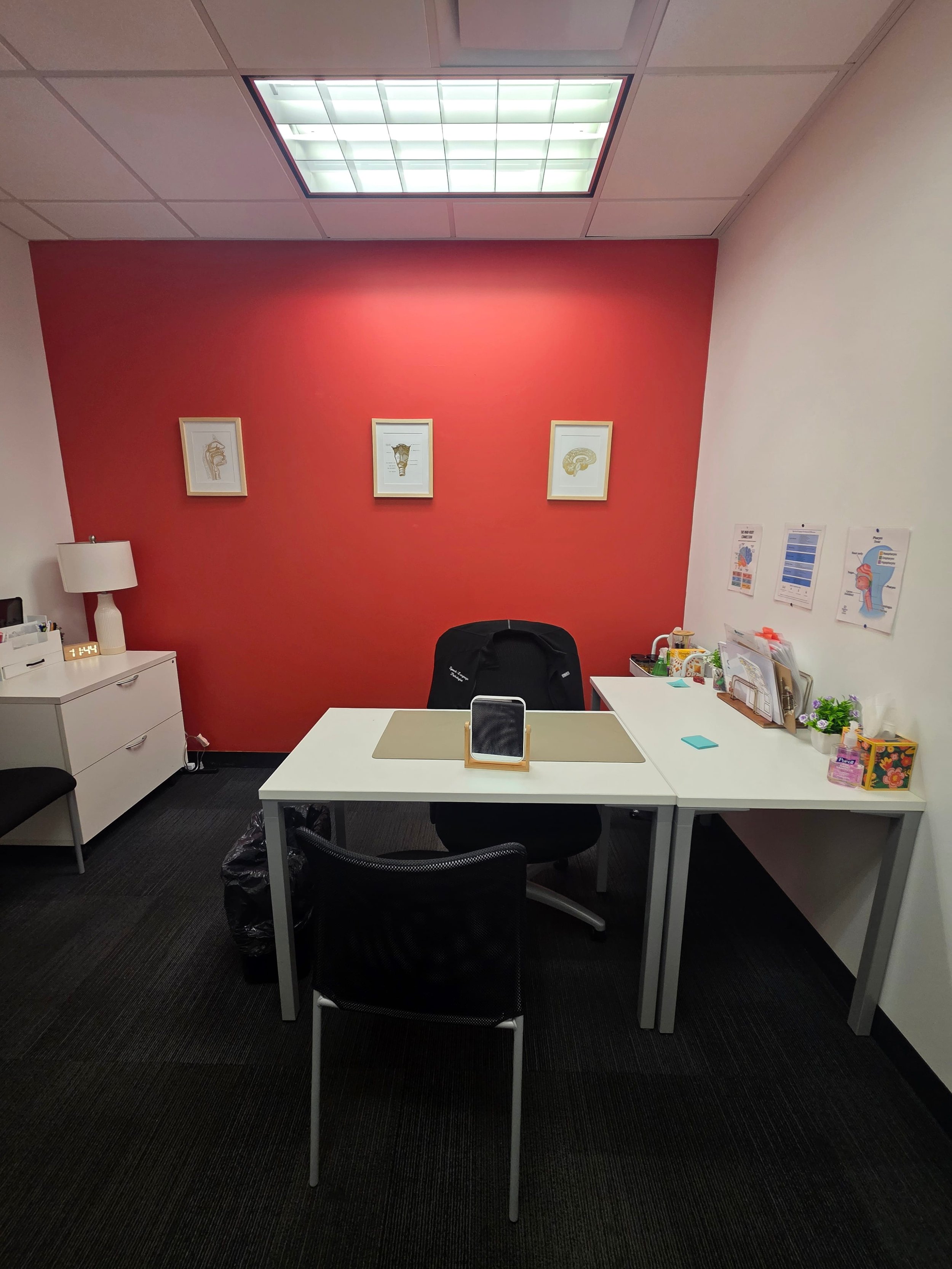 Office with a white desk, black chairs, red accent wall with framed anatomical art, and medical posters on the white wall.
