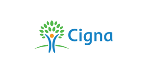 Cigna logo featuring a green tree with a human figure forming the trunk and branches, with the word 'Cigna' in blue.