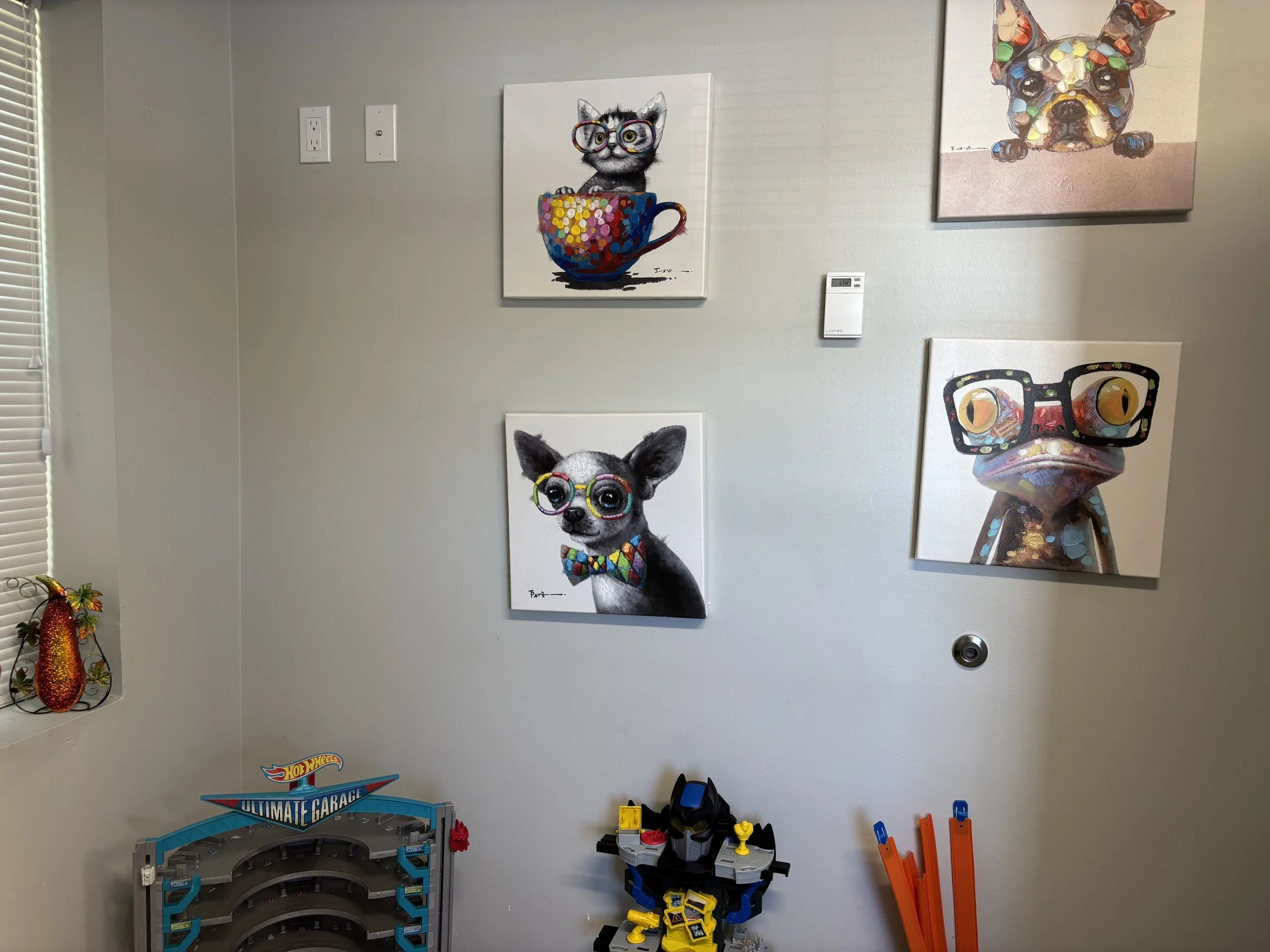Wall decorated with four art paintings of animals wearing colorful glasses, including a cat in a teacup and a dog. There are toys and a small rack at the bottom of the wall.