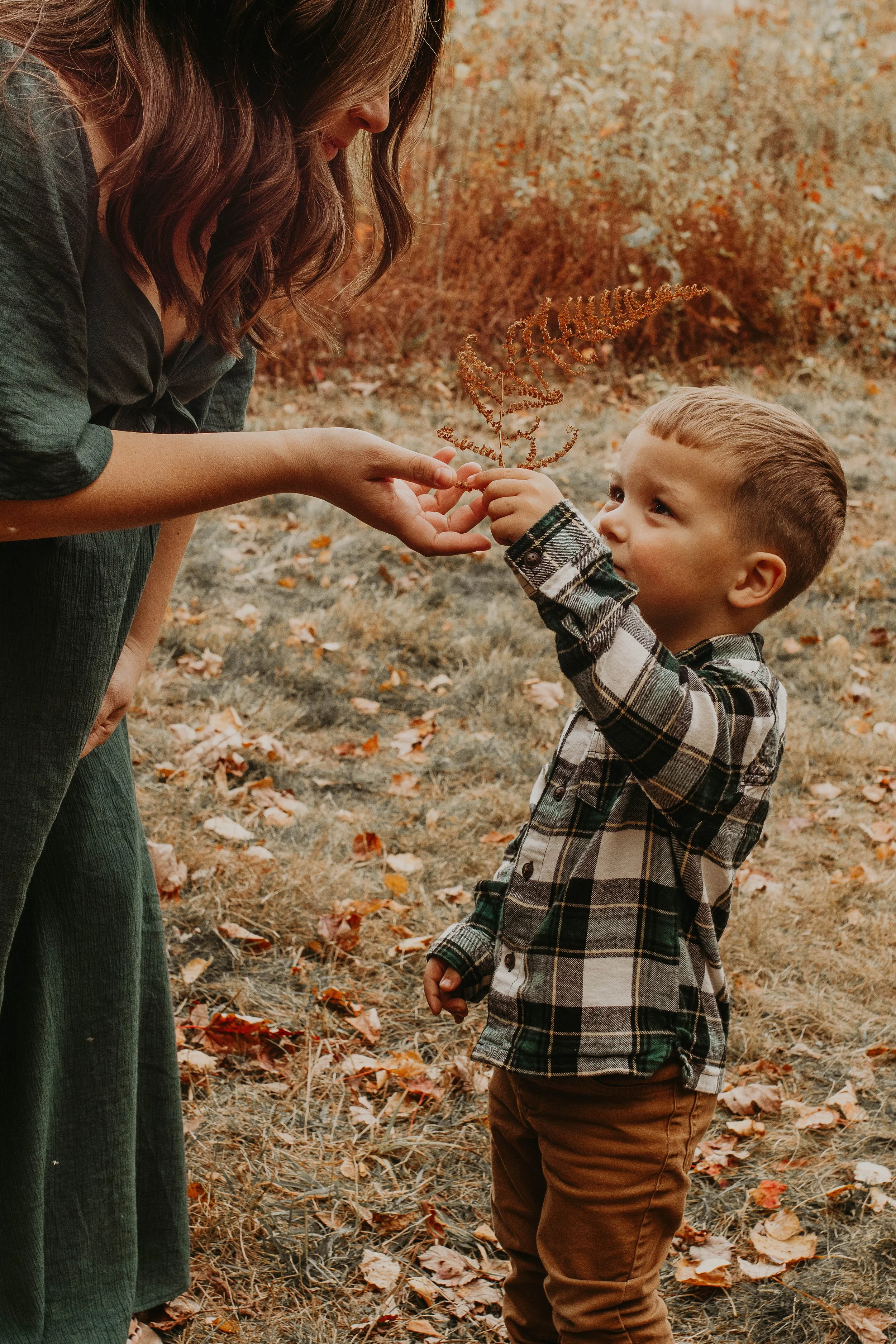 A woman and a young boy with light skin sharing a moment outdoors in autumn, with the woman handing the boy a dried fern leaf.