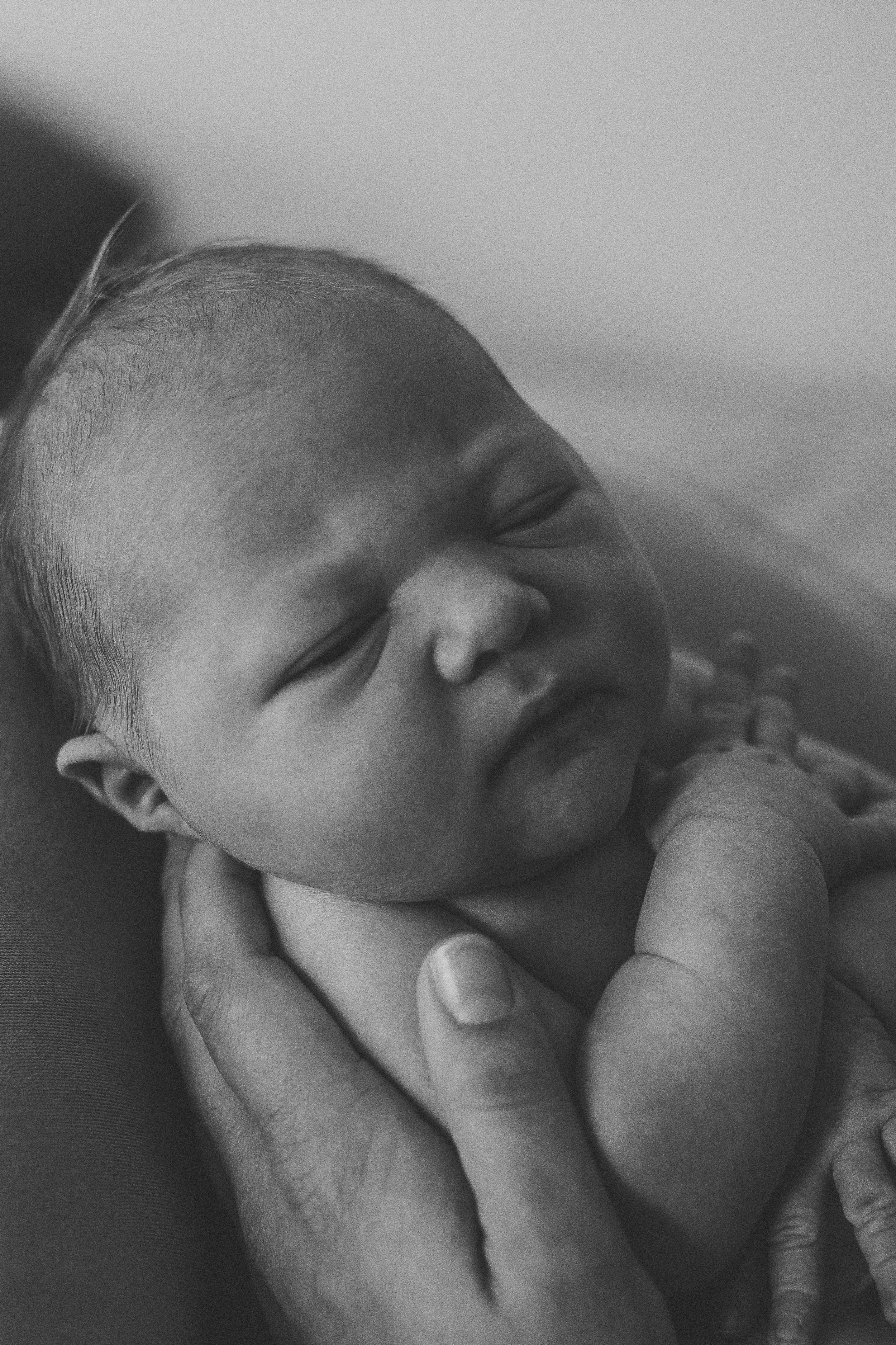 A close-up black and white photo of a newborn baby being held gently by an adult's hand, with the baby sleeping peacefully.