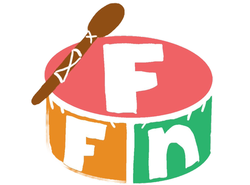 Colorful cylindrical drum with a red top, orange and green sides, white lettering, and a wooden drumstick