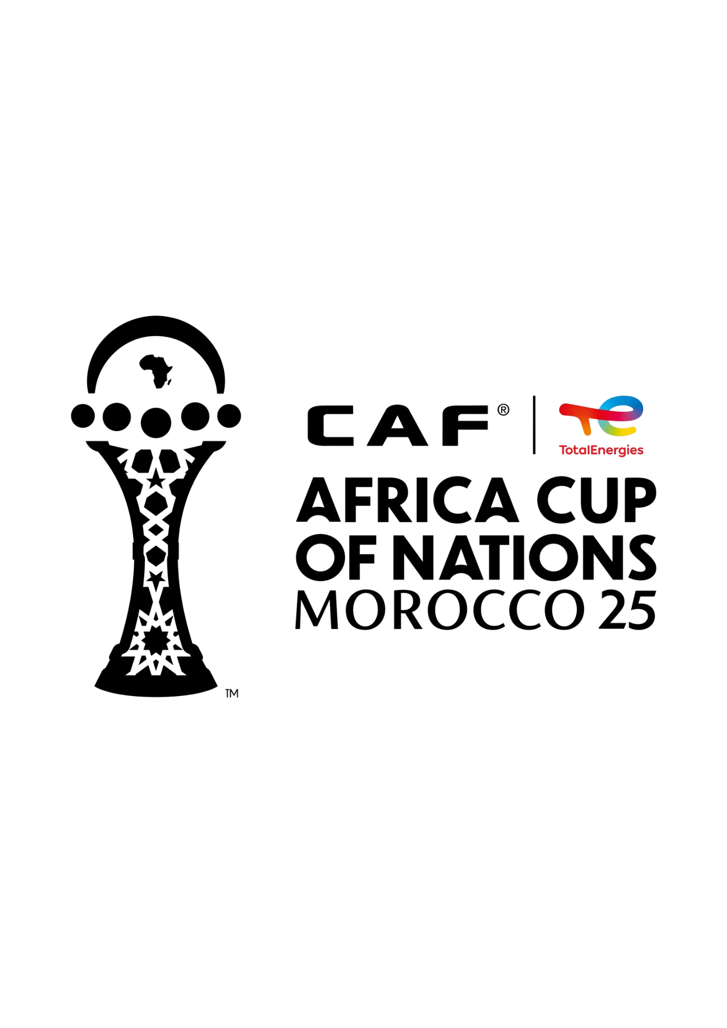 Logo de la Coupe d'Afrique des Nations 2023 au Maroc, avec le trophée stylisé et les textes 'CAF Africa Cup of Nations Morocco 25'.