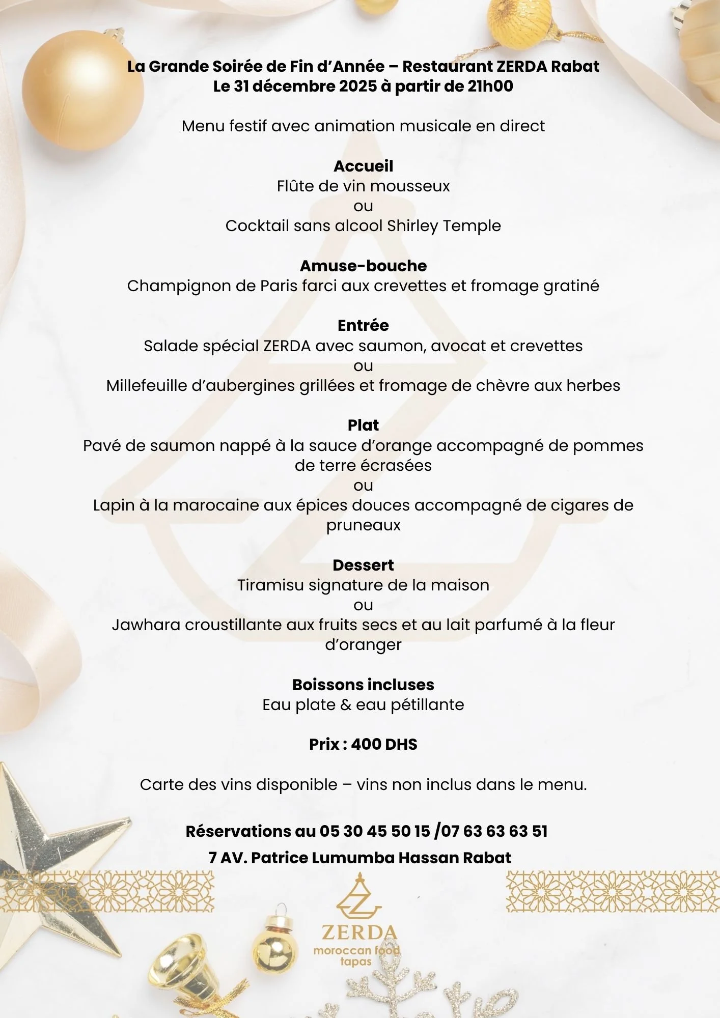 Invitation à une soirée de fin d'année au restaurant Zerda, avec menu festif, décoration dorée, et logo de Zerda marocain food tapas.