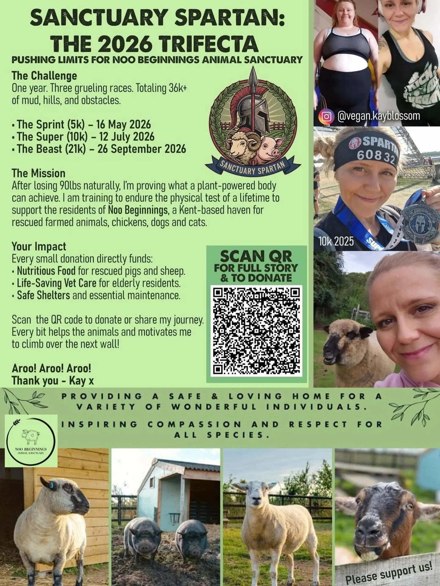 This is HUGE! @vegan.kayblossom is facing 3 incredibly challenging obstacle races with @spartanraceuk to help raise money for the animals here at Noo Beginnings Sanctuary! 😮

This trio of gruelling races involves lots of mud, hills, heavy carries an