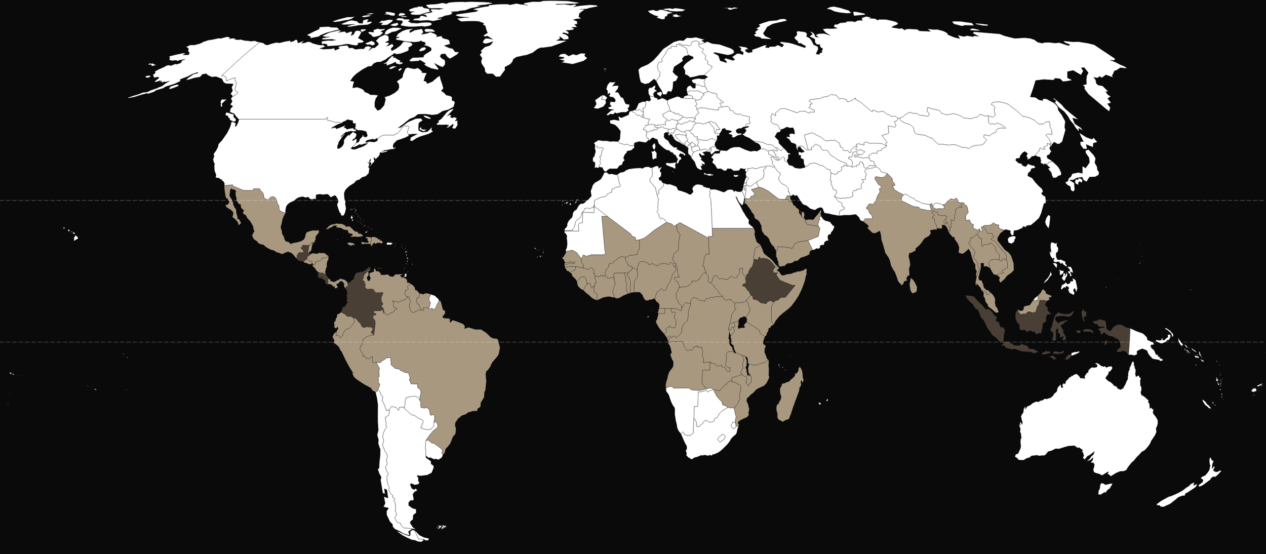 World map highlighting countries that are predominantly Muslim, including parts of North Africa, the Middle East, South Asia, and Southeast Asia, with most other countries in white.