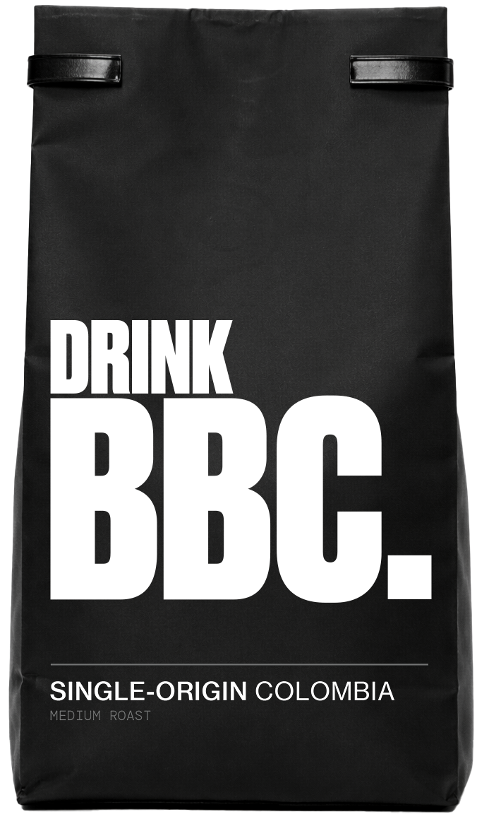 Black bag of coffee labeled 'Drink BBC. Single-Origin Colombia, Medium Roast'