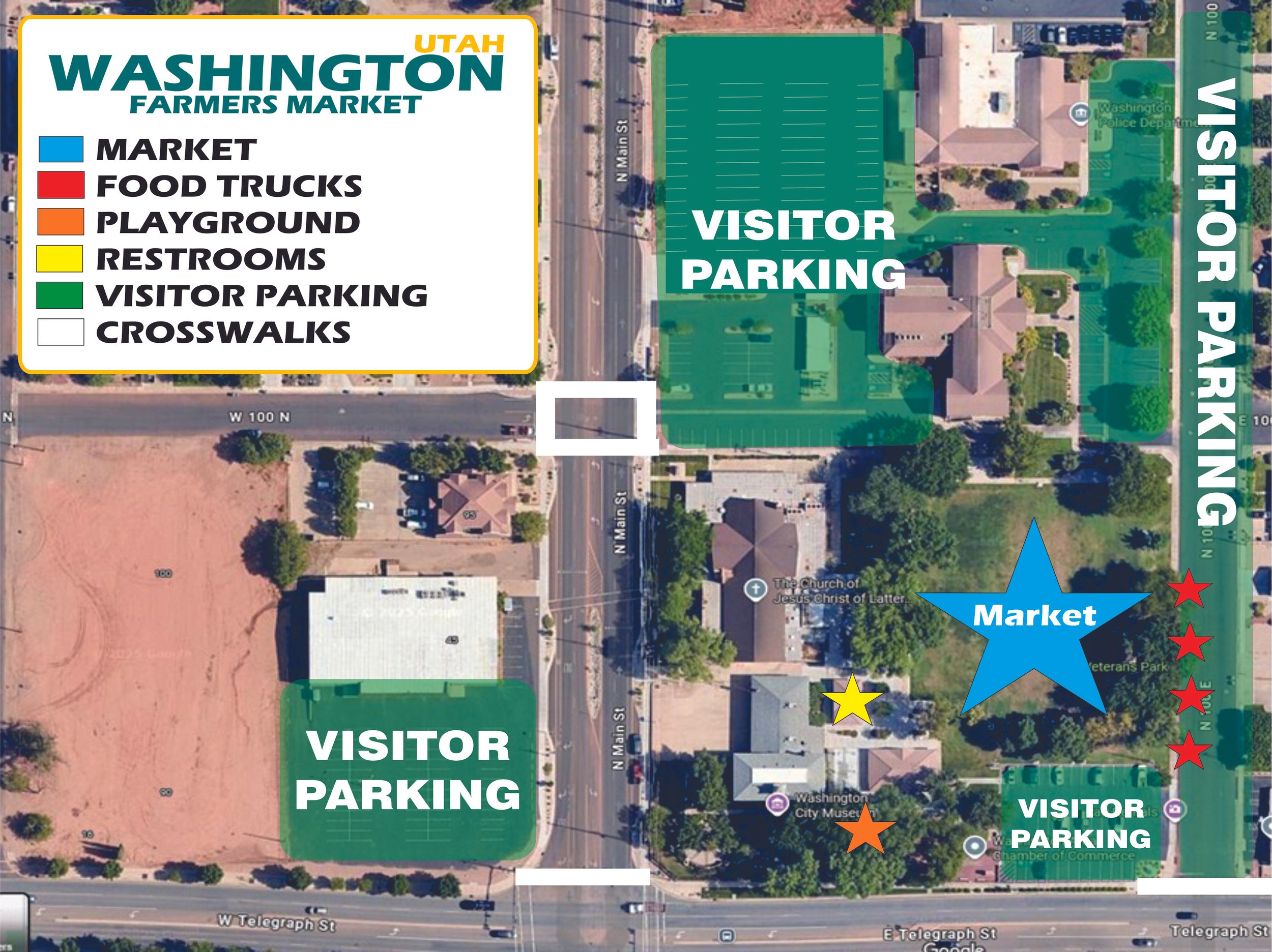 Washington Utah Farmers Market map showing parking, vendors, food trucks, playground and restrooms