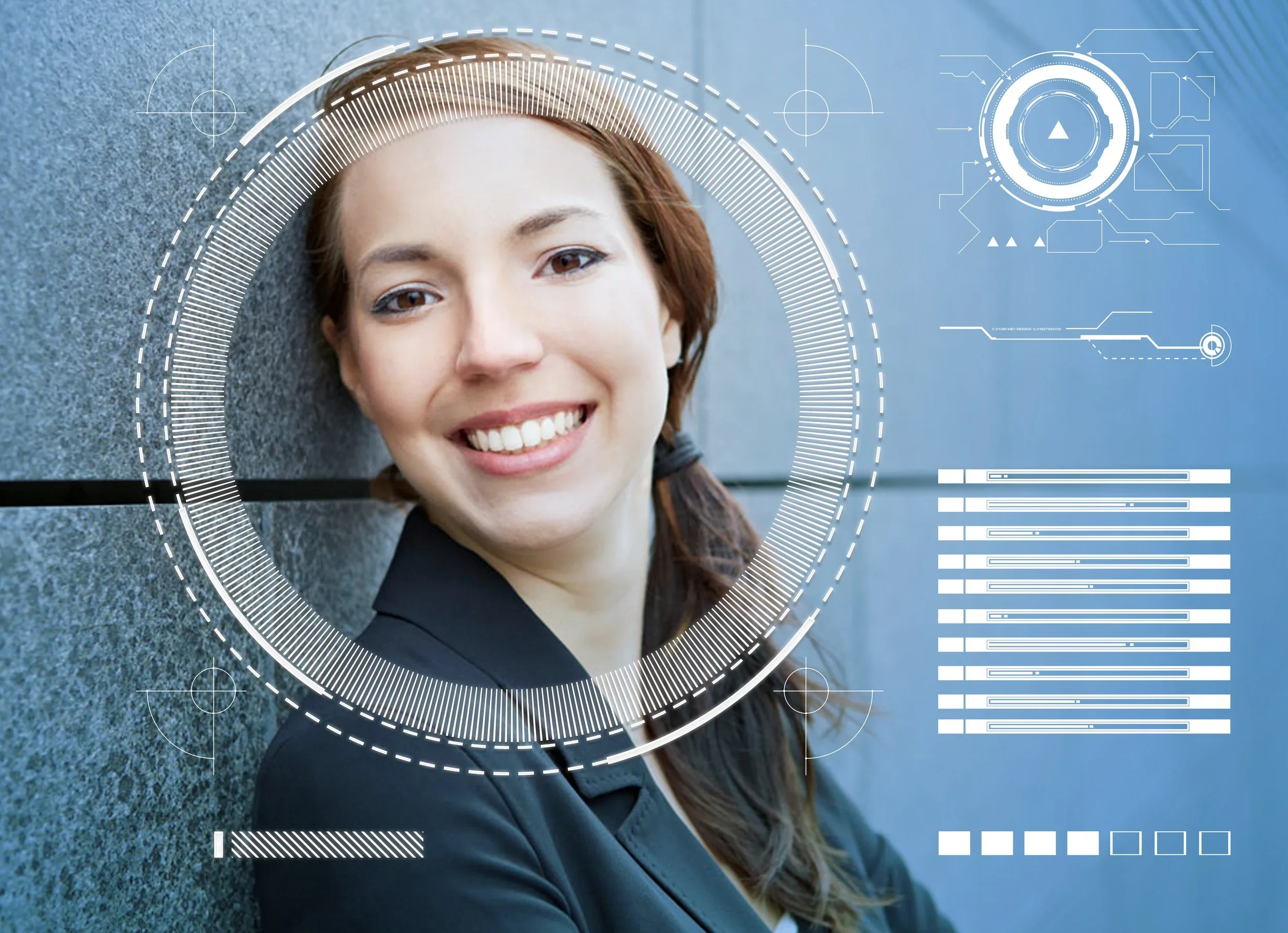 A woman with brown hair smiling, with futuristic digital graphics overlay including a circular HUD, lines, and geometric shapes.