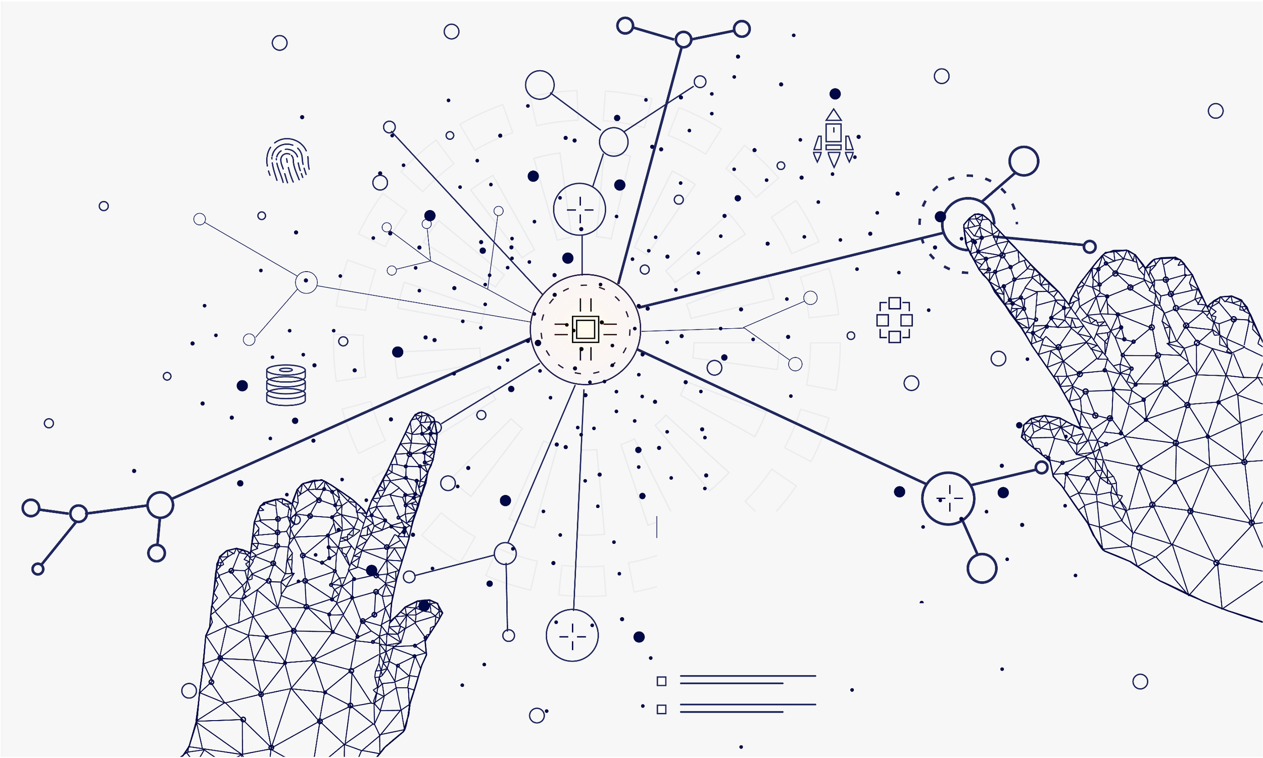 Two digital wireframe hands pointing at interconnected digital icons and graphics representing technology and data networks.