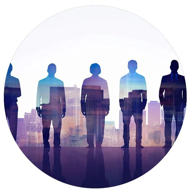 Silhouettes of five businesspeople standing with a city skyline in the background.