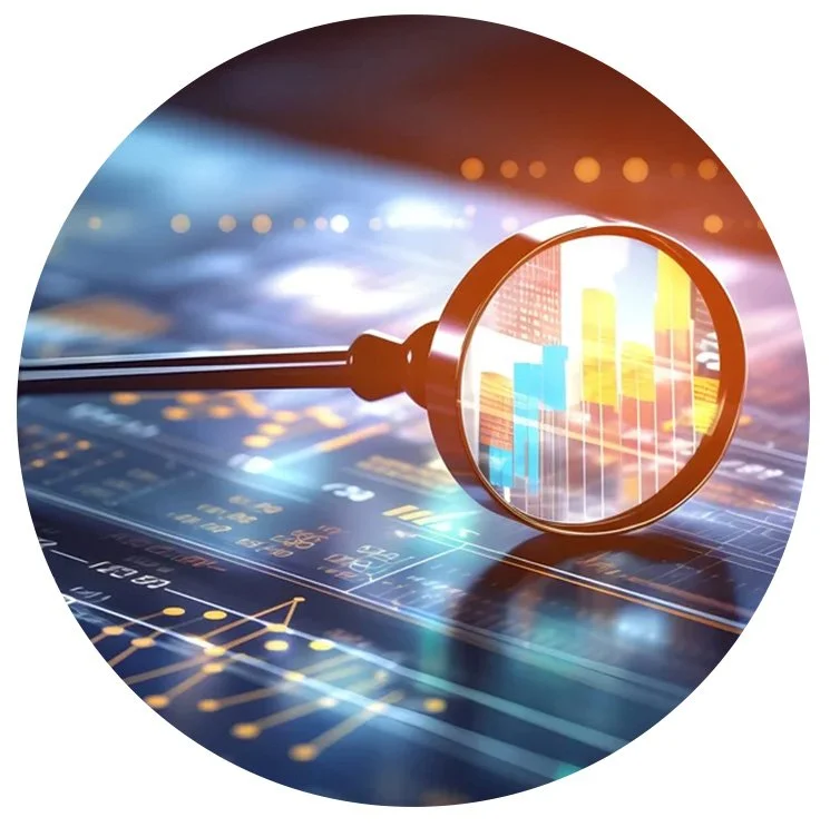 Digital analysis with a magnifying glass focusing on bar and line graphs showing data trends.