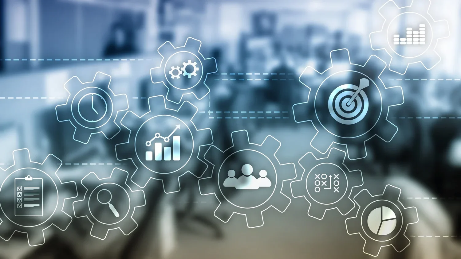 Digital illustration of interconnected gears with data and analytics icons, symbolizing process and performance management