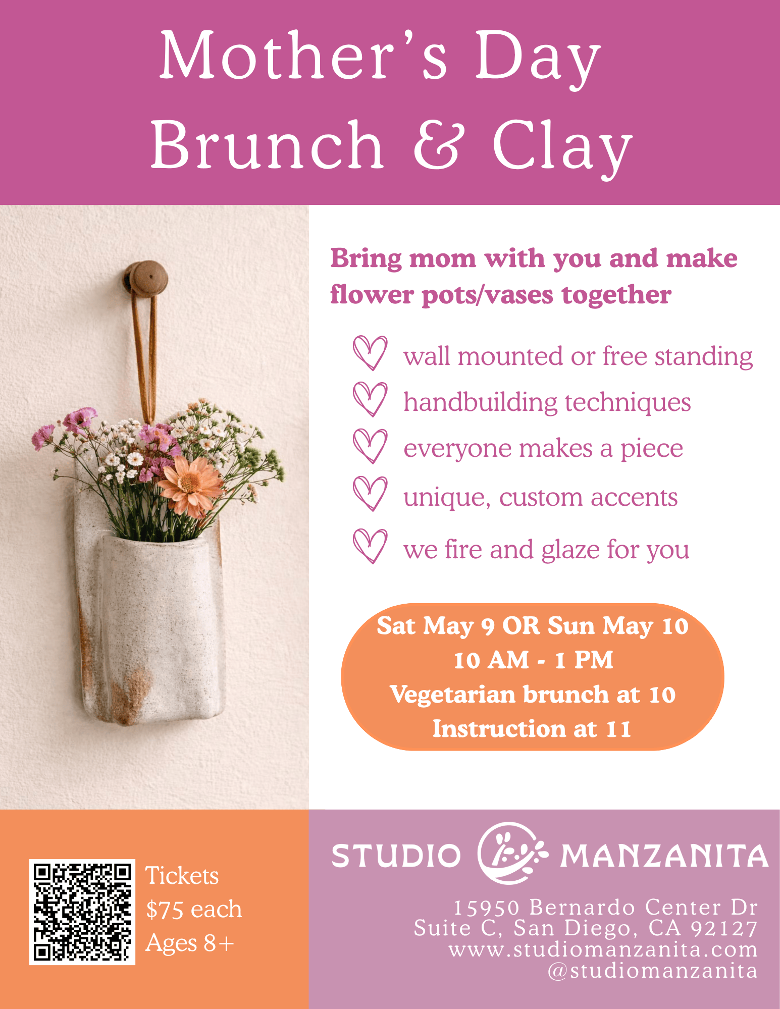 Mother's Day Brunch Workshop! Ages 8+ | May 9th or 10th | 10am - 1pm