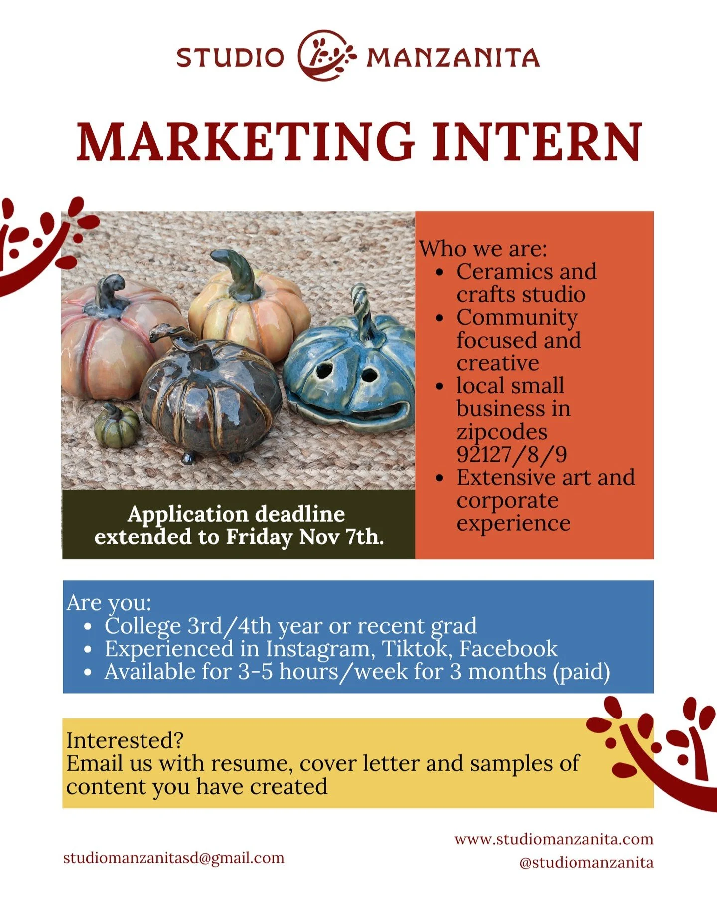 ✨DEADLINE EXTENDED✨
 FRIDAY NOV 7TH

Do you wish social media was your job? I have good news for you. We can make that happen!
Help us spread the word about our Studio and apply to our Marketing Intern position today! 

Any questions? DM and we will 