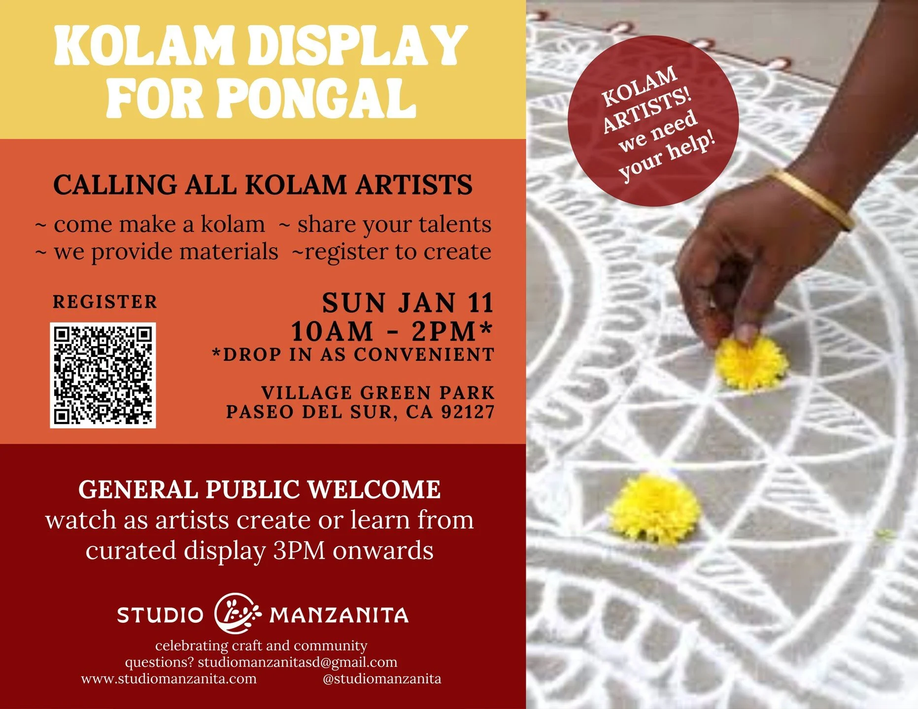 You guessed it! Our first event of the New Year will be a Kolam Display for Pongal! Kolam artists are encouraged to register to create (link in bio). Tag someone you think might be interested! Community members can drop by Village Green Park any time