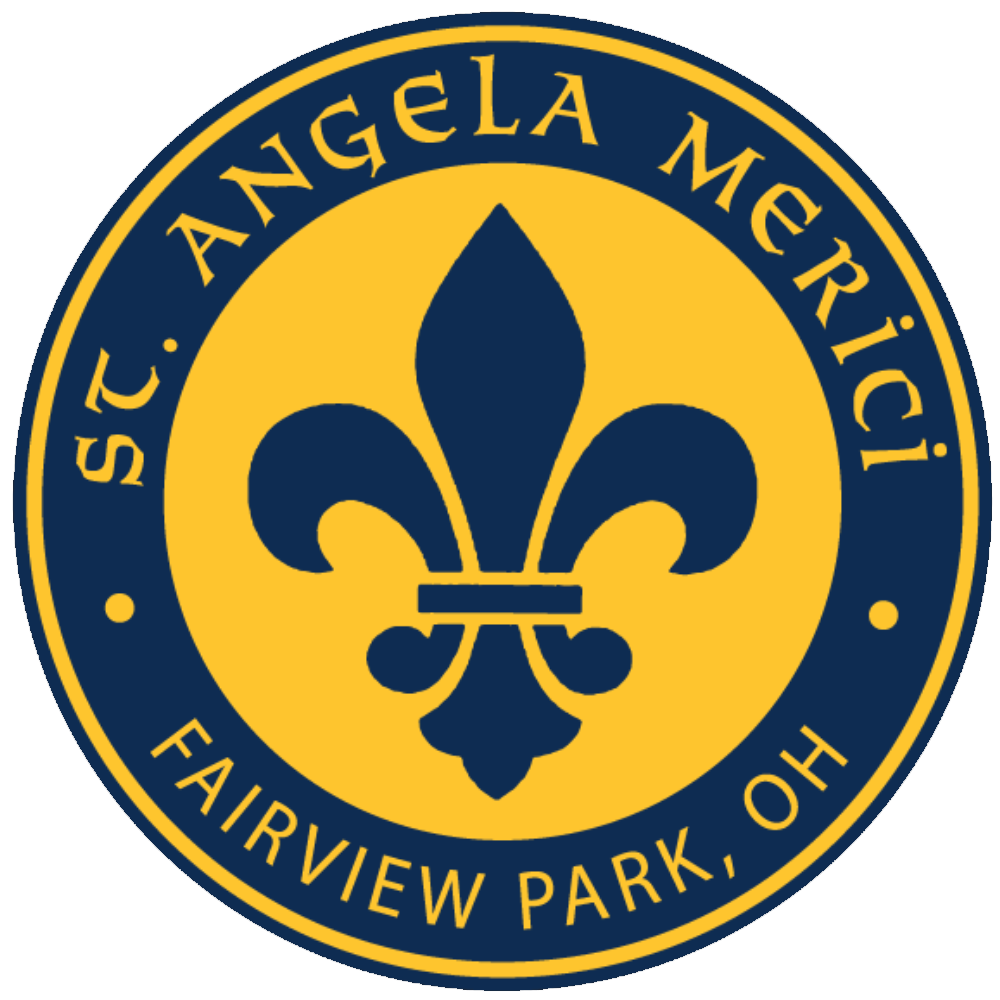 St. Angela Merici School logo featuring a fleur-de-lis and Fairview Park, Ohio.