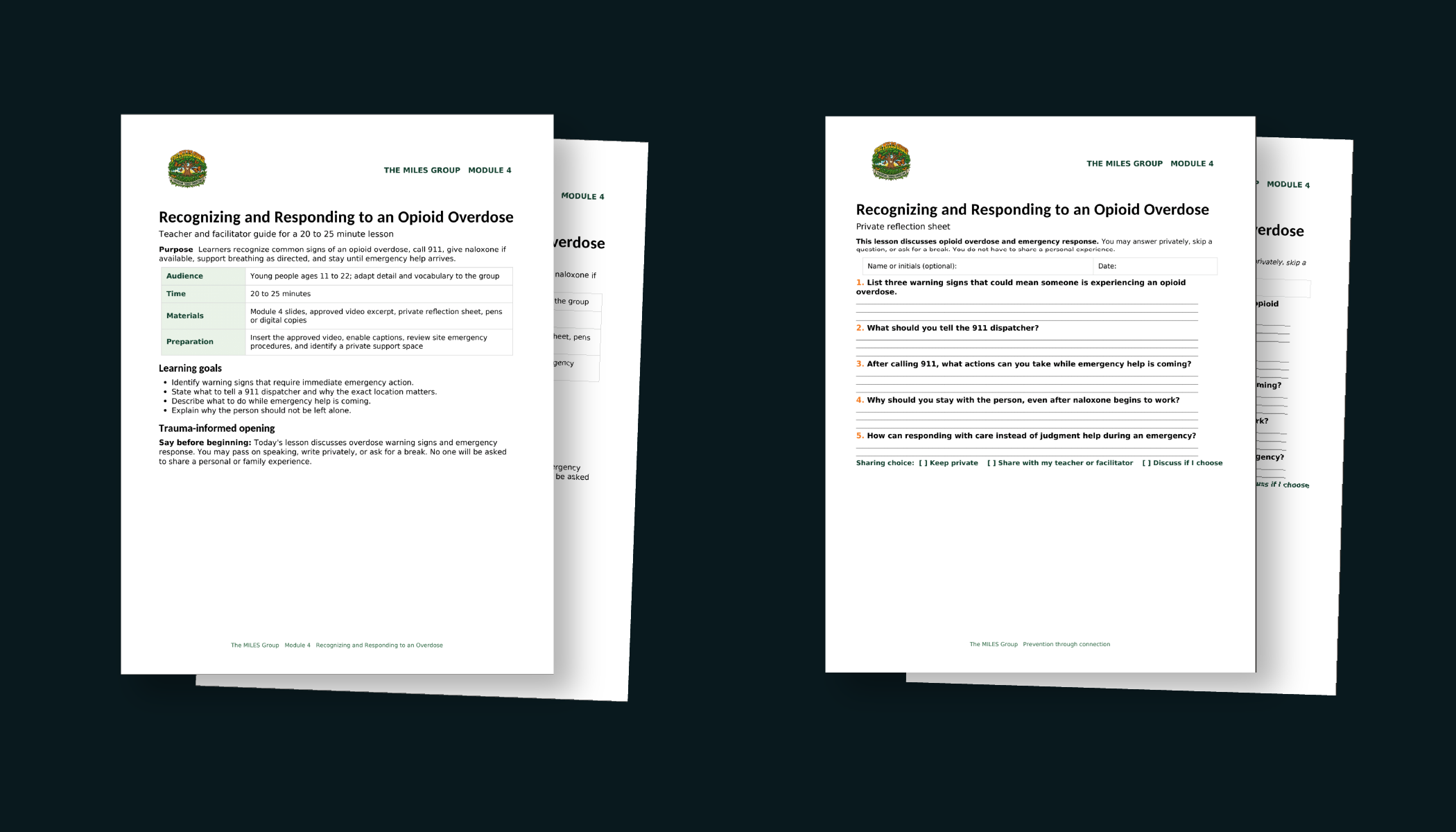 Teacher guide and student reflection sheet for the Recognizing and Responding to an Opioid Overdose curriculum module.
