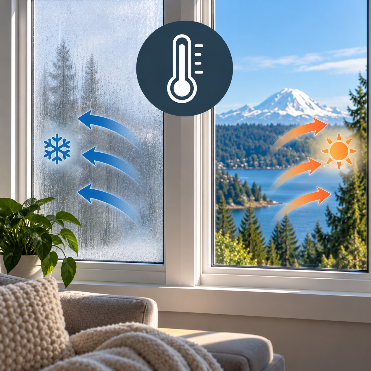 Energy-efficient insulated window glass helping reduce heat loss and improve home comfort