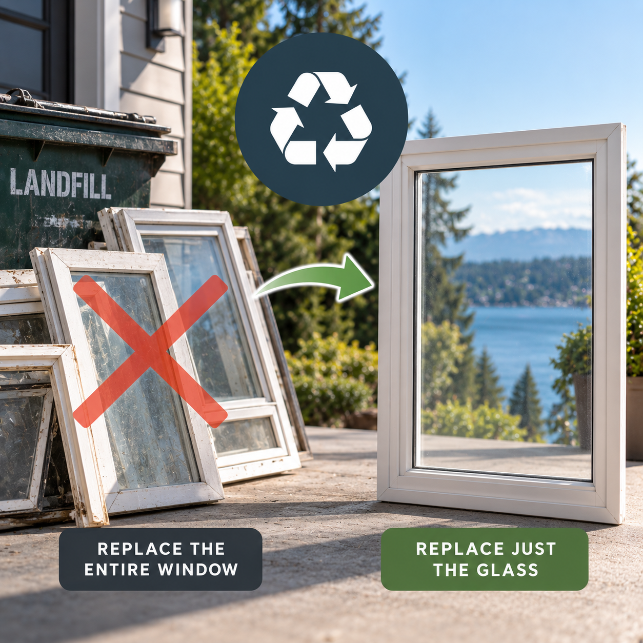 Replace window glass instead of the entire window to reduce cost and unnecessary waste