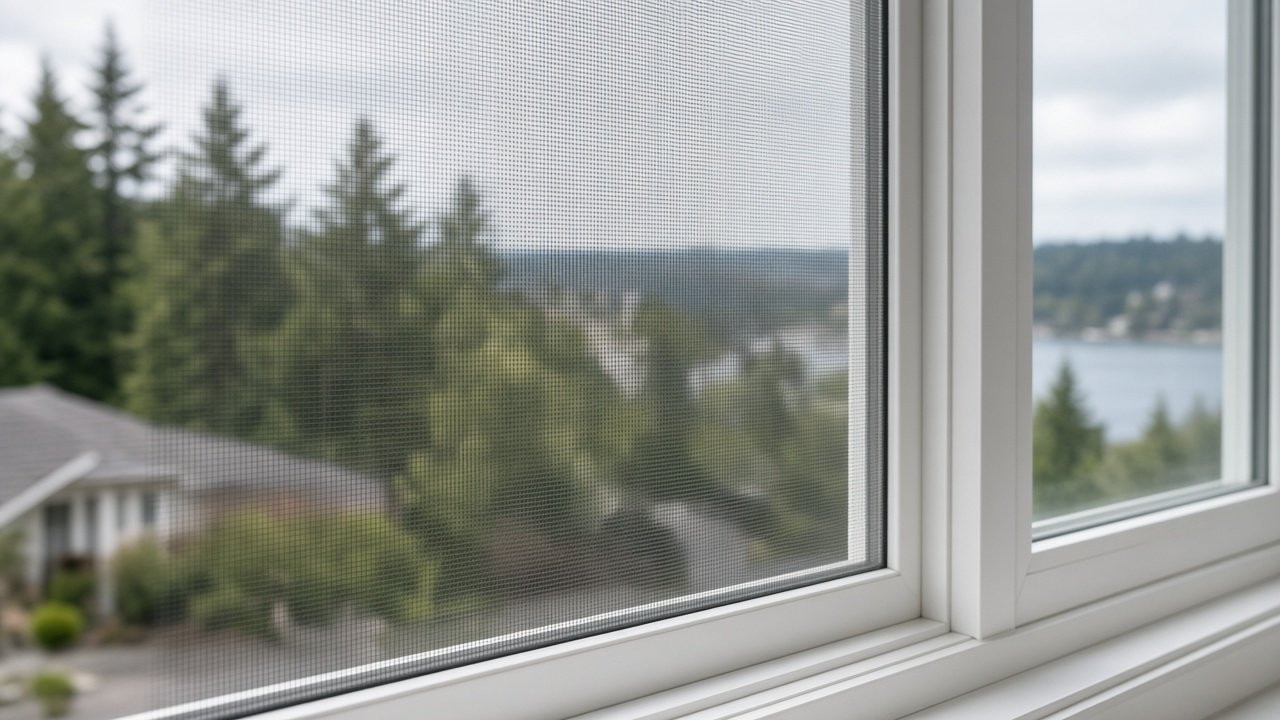 Repaired window screen overlooking the Puget Sound area
