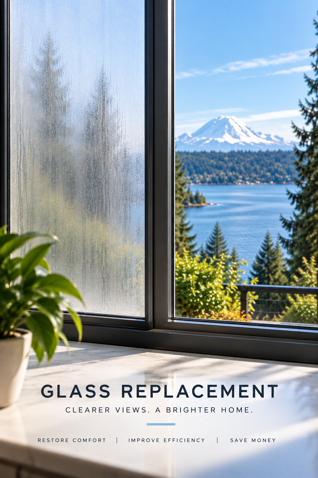 Foggy window glass replacement showing failed insulated glass and a clear view