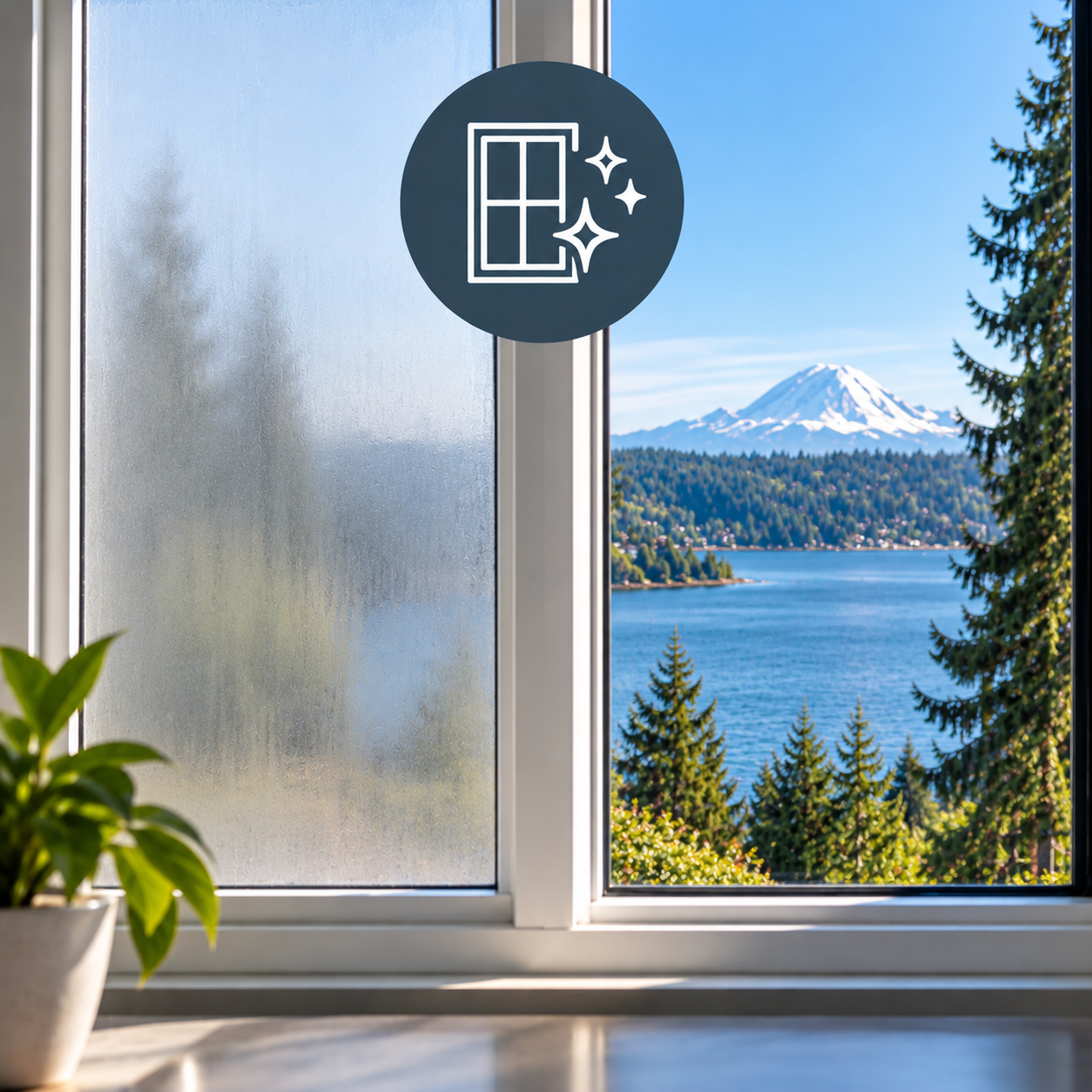 Clear window after residential glass replacement with restored outdoor view