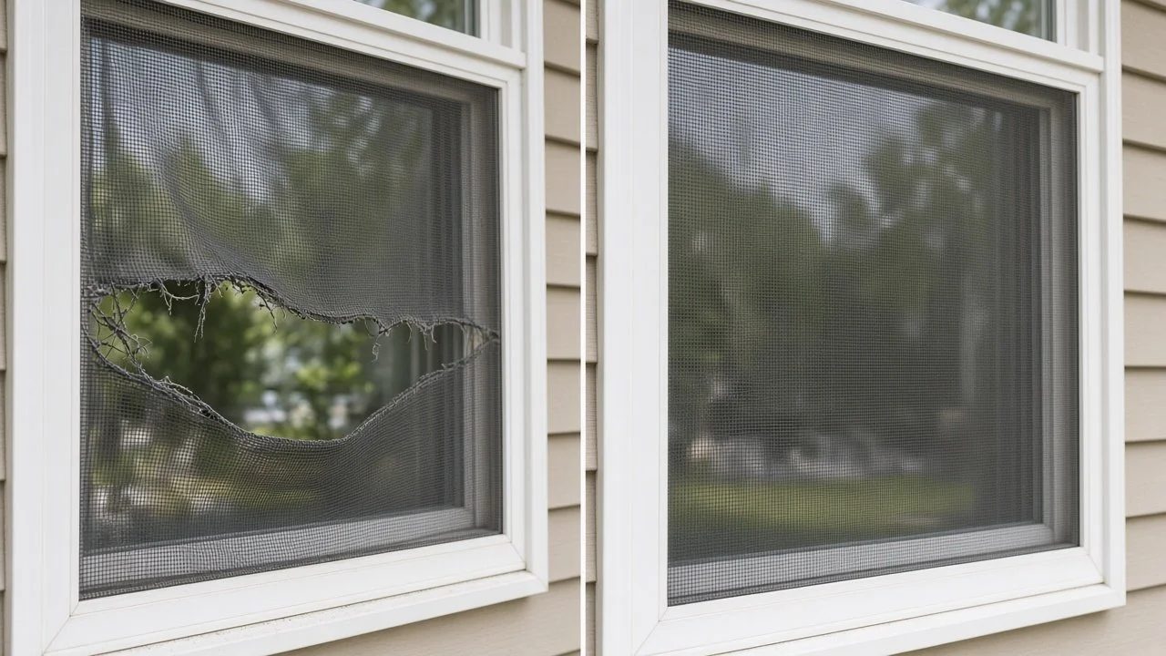 Torn window screen before and repaired screen after