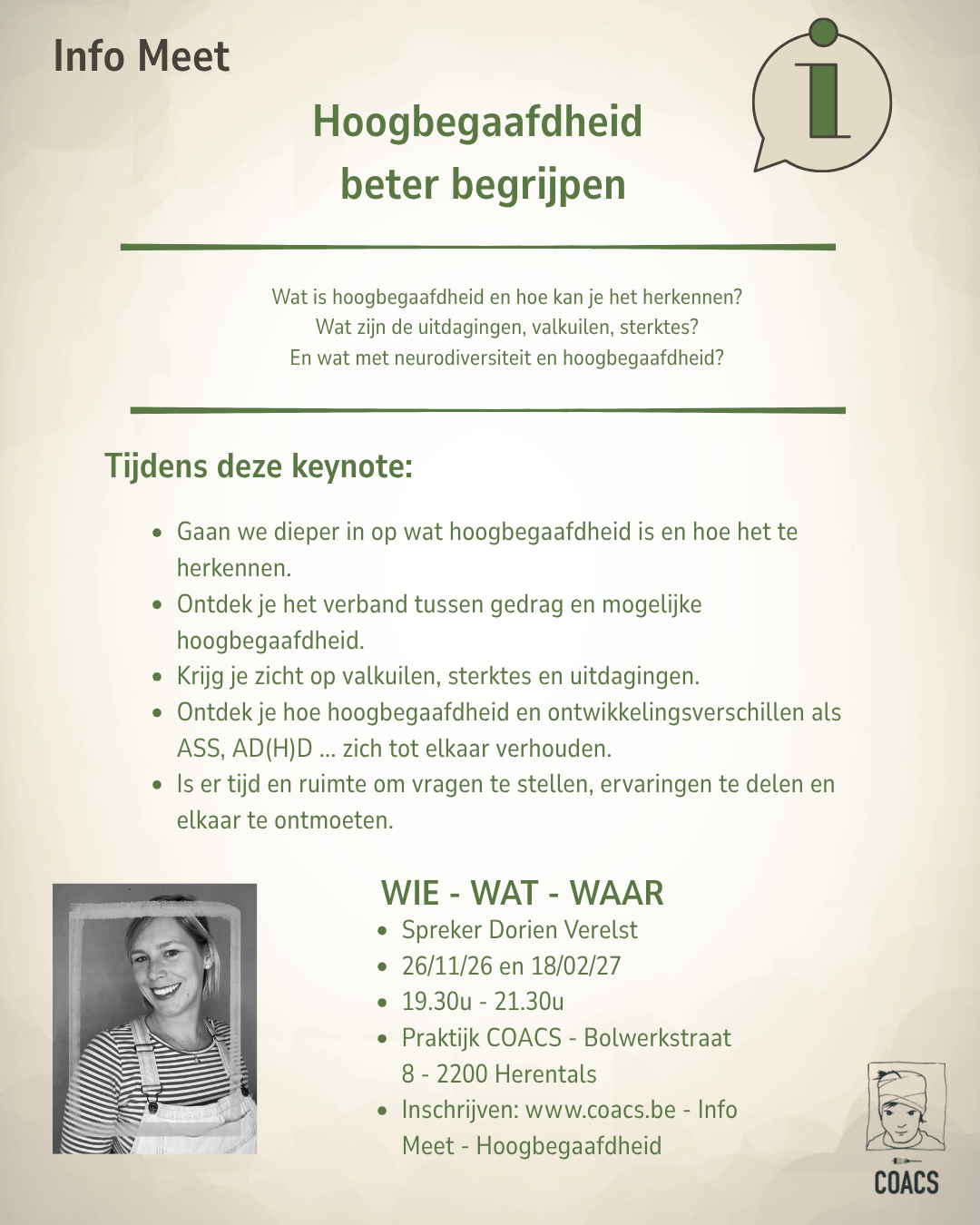 Flyer over een keynote rond hoogbegaafdheid met details over de spreker, data, locatie en contactinformatie.