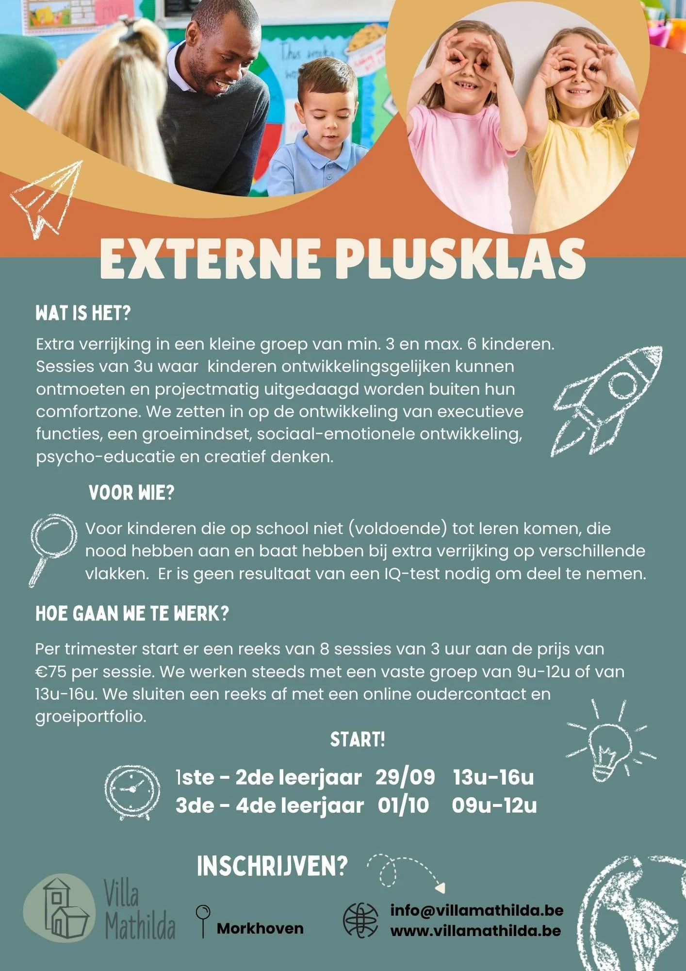 Flyer voor externe plusklas, uitdaging en persoonlijke groei.